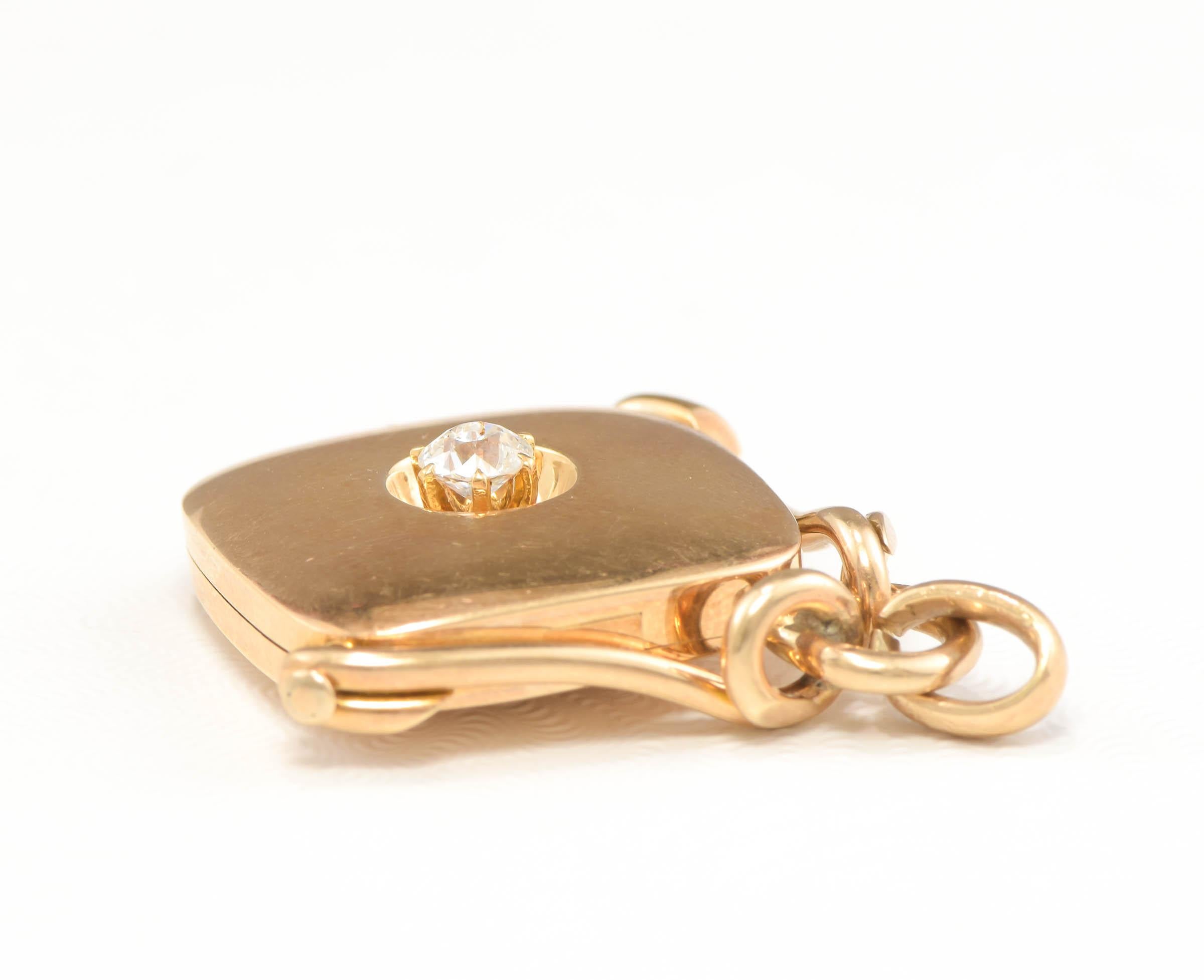 Women's or Men's Antique Diamond Locket Fob Pendant, 14K Gold with .32ct Old European Cut Diamond