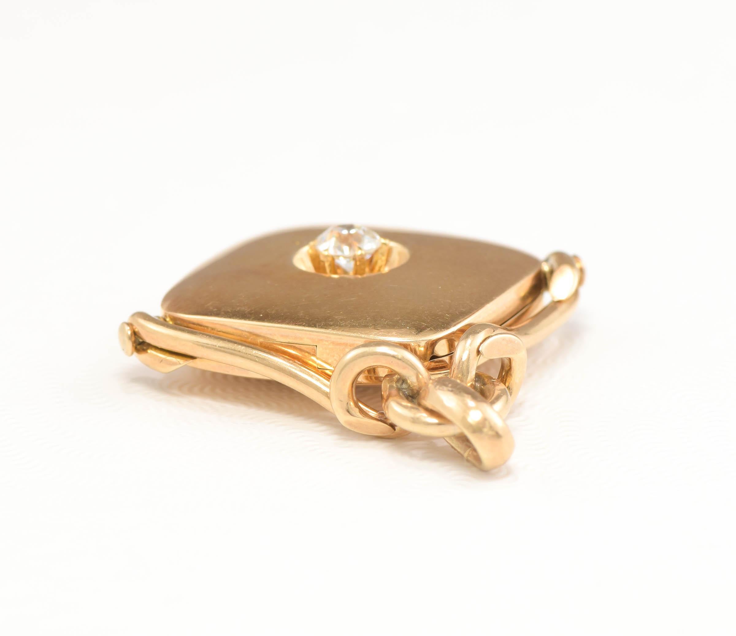 Antique Diamond Locket Fob Pendant, 14K Gold with .32ct Old European Cut Diamond 1
