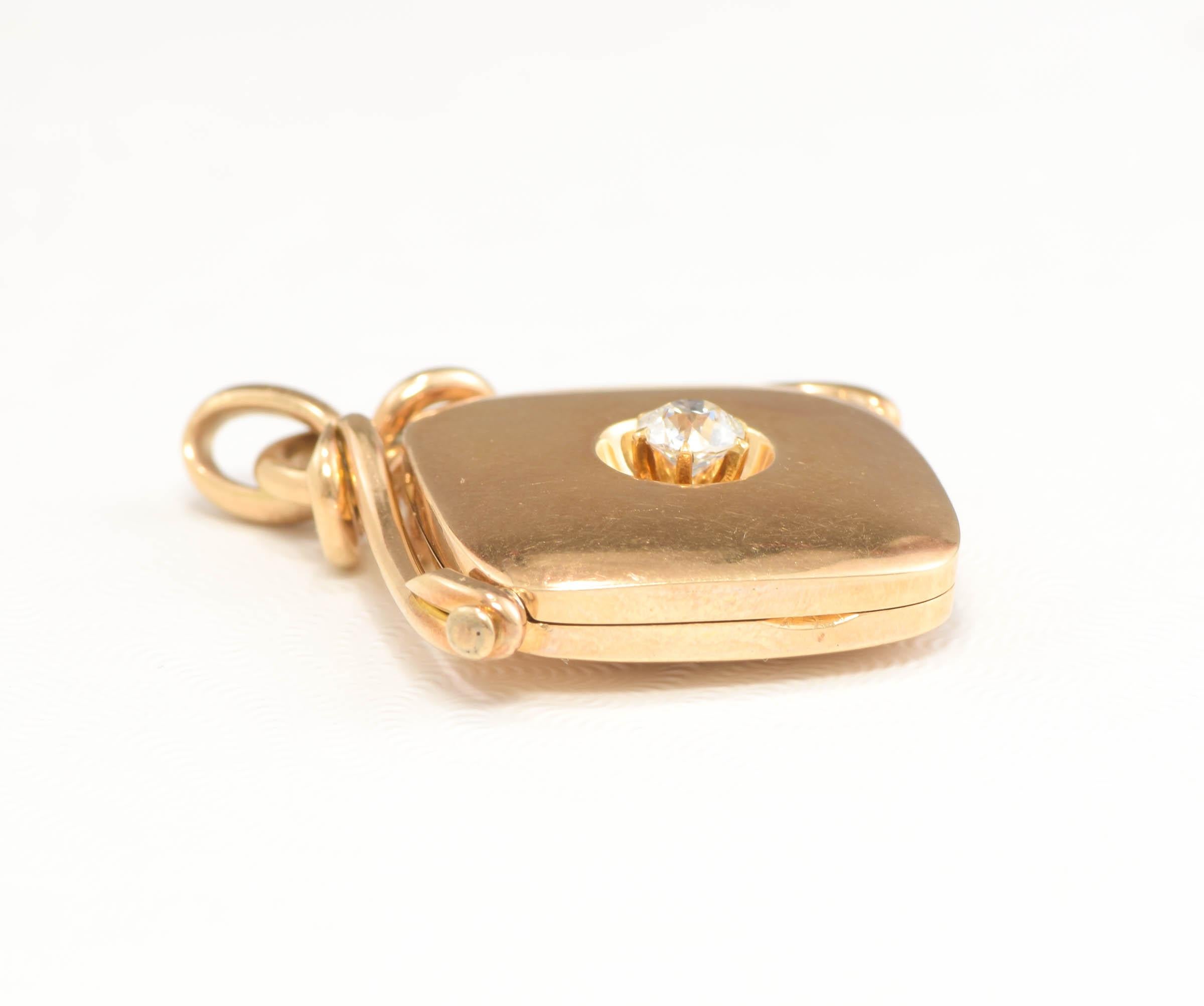 Antique Diamond Locket Fob Pendant, 14K Gold with .32ct Old European Cut Diamond 2