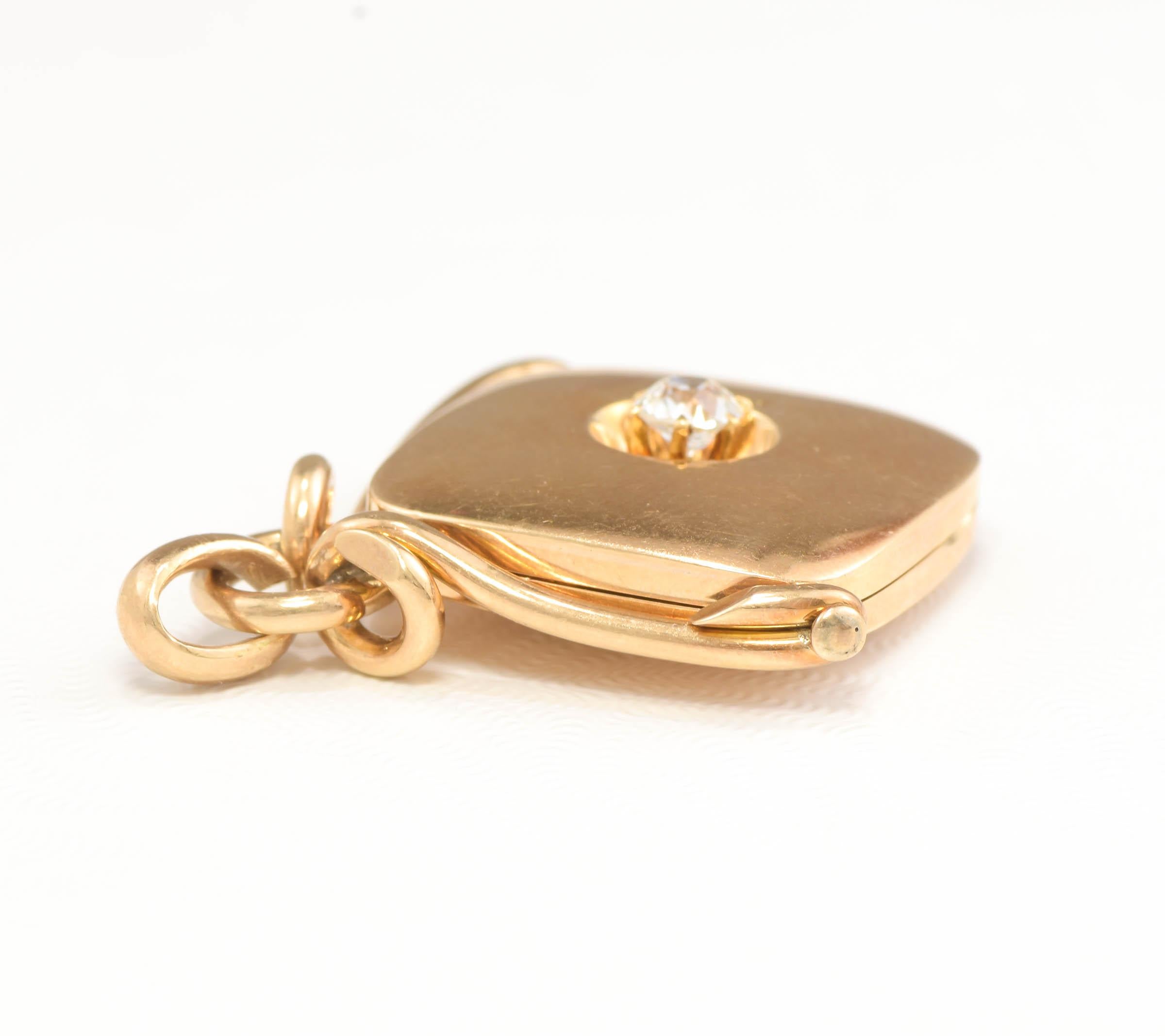 Antique Diamond Locket Fob Pendant, 14K Gold with .32ct Old European Cut Diamond 3