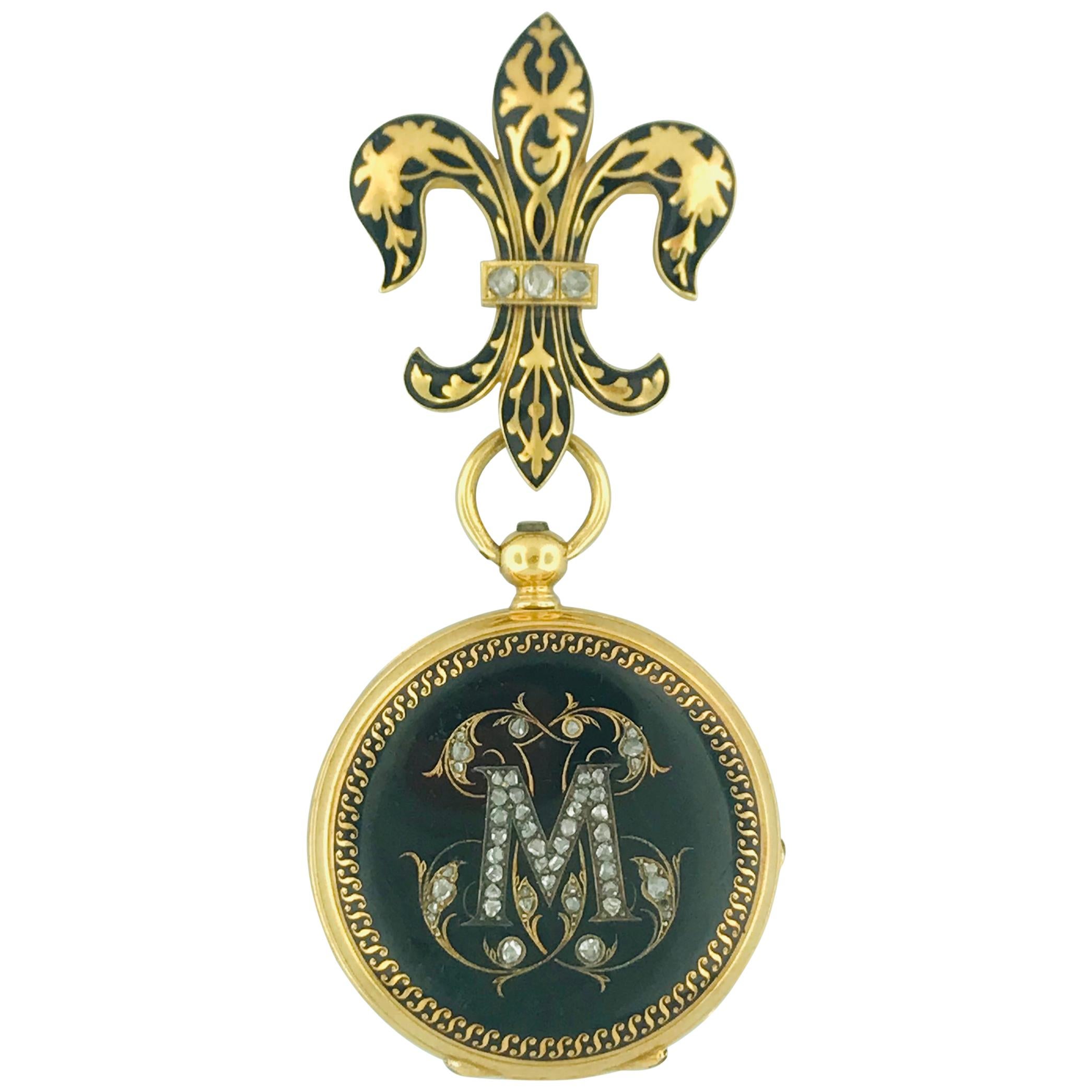 Antique French Diamond "M" & Fluer de Lis Watch Pin, 18 Karat Gold Circa 1890