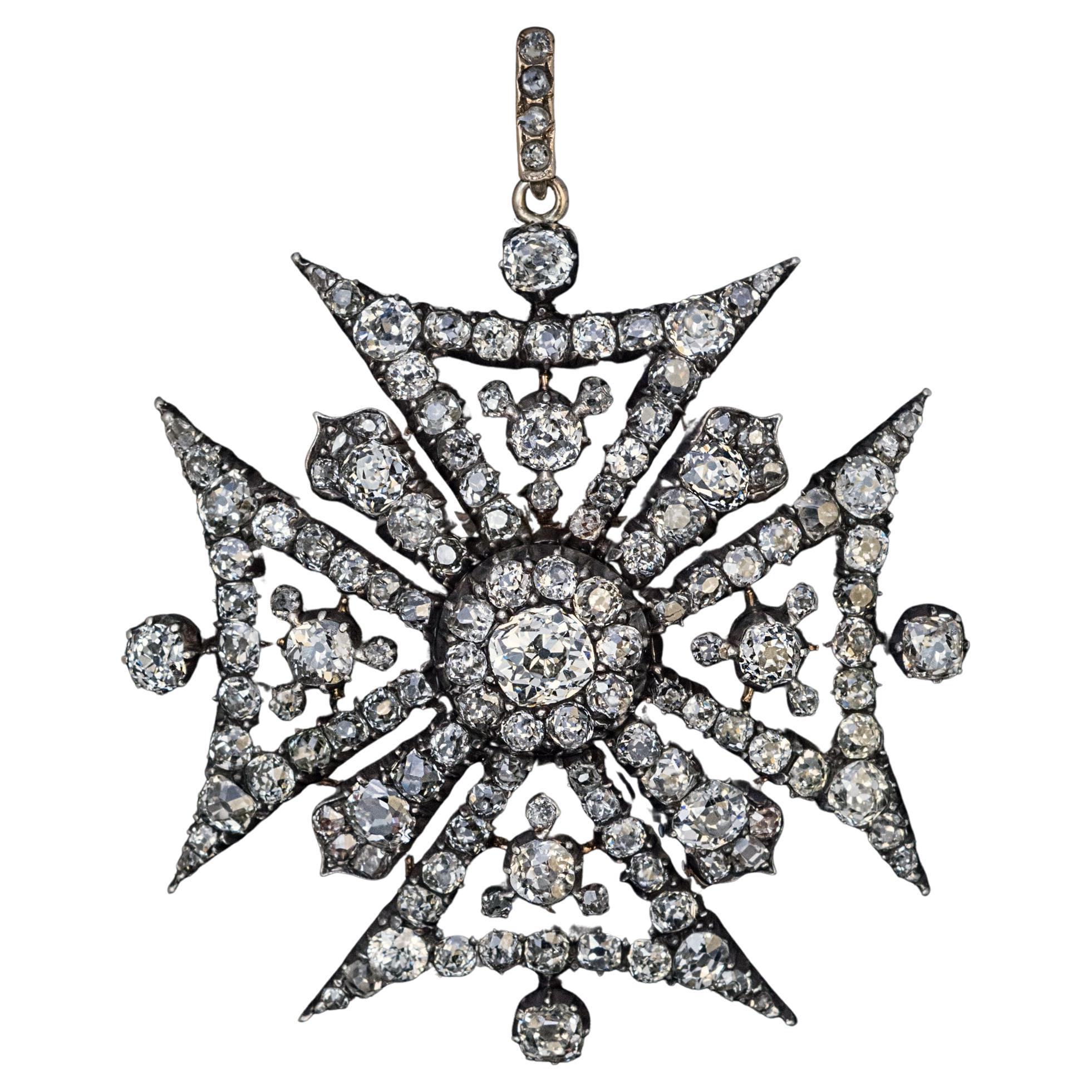 Antique Diamond Maltese Cross Brooch Pendant C. 1850