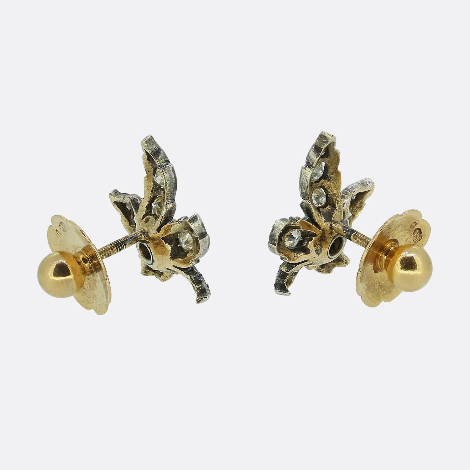 Old Mine Cut Antique Diamond Maple Leaf Earrings For Sale