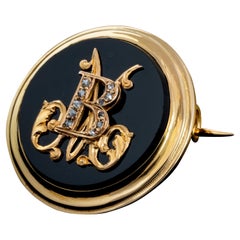 Antique Diamond Monogram MB BM Onyx Gold Pendant