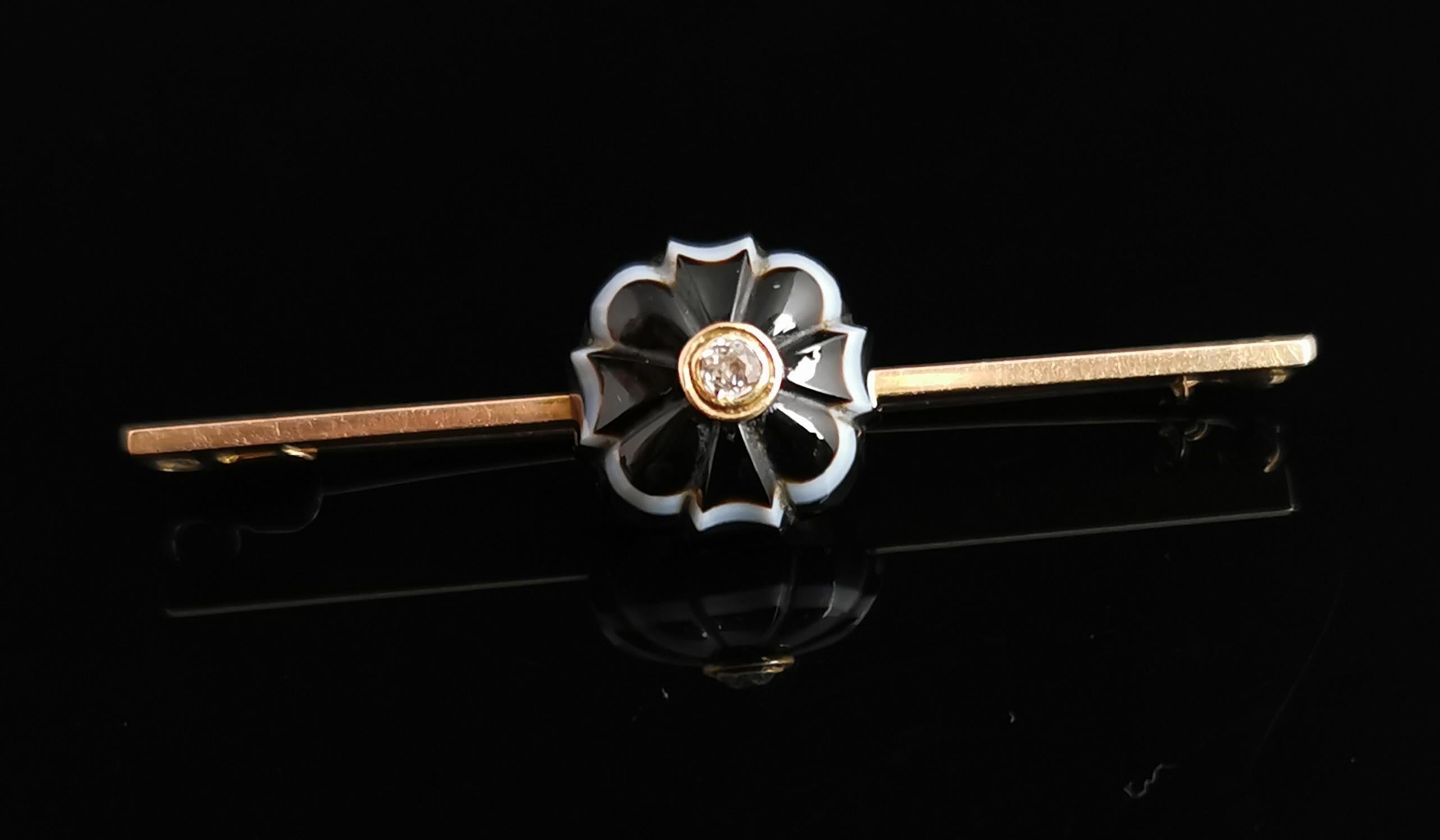 Antique Diamond Mourning Brooch, Banded Agate, Forget Me Not Flower, 9k Gold 8