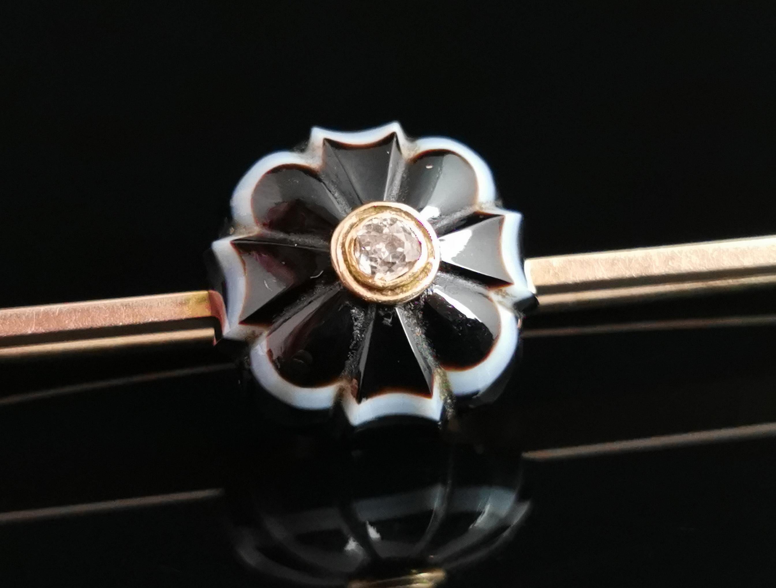 Rose Cut Antique Diamond Mourning Brooch, Banded Agate, Forget Me Not Flower, 9k Gold