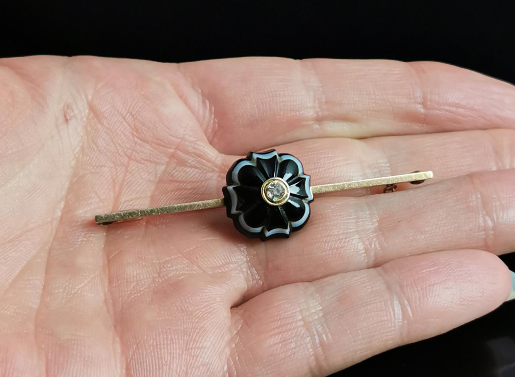 Antique Diamond Mourning Brooch, Banded Agate, Forget Me Not Flower, 9k Gold 3