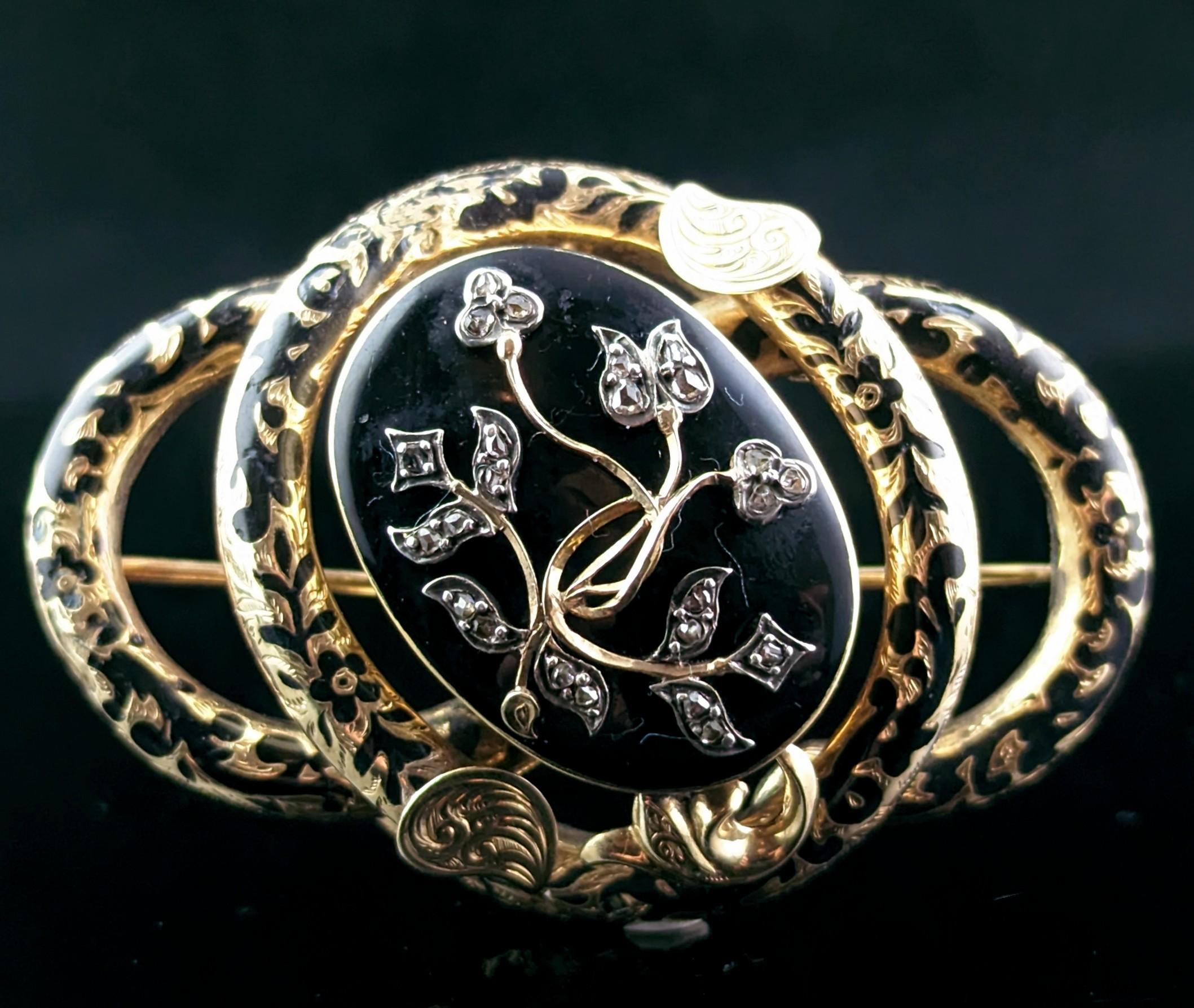 Antique Diamond Mourning Brooch, Pendant, Black Enamel and 15k Gold For Sale 4