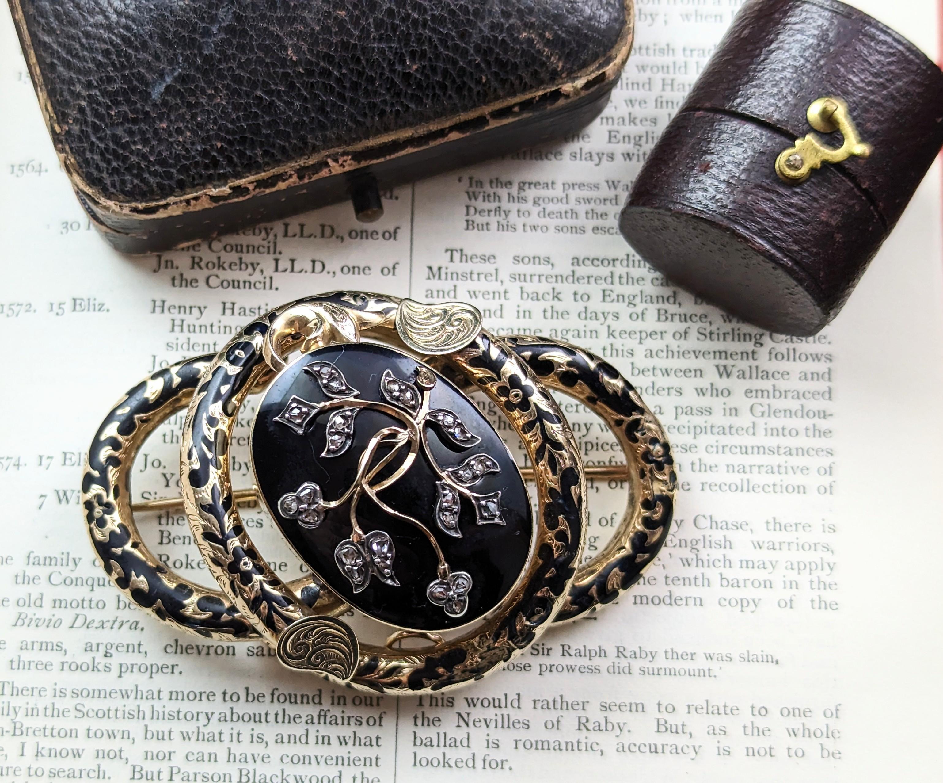 Antique Diamond Mourning Brooch, Pendant, Black Enamel and 15k Gold For Sale 6
