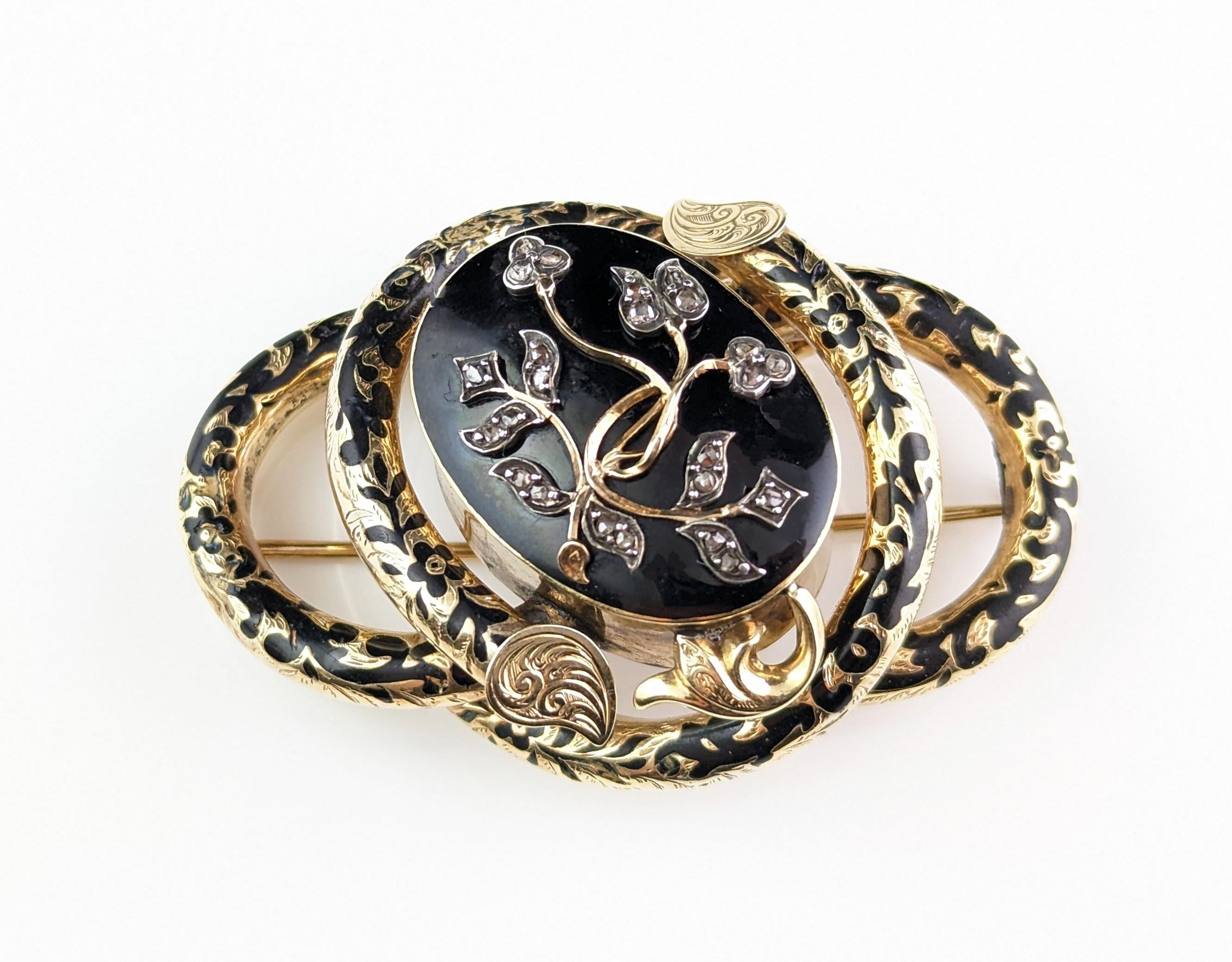 Antique Diamond Mourning Brooch, Pendant, Black Enamel and 15k Gold For Sale 8
