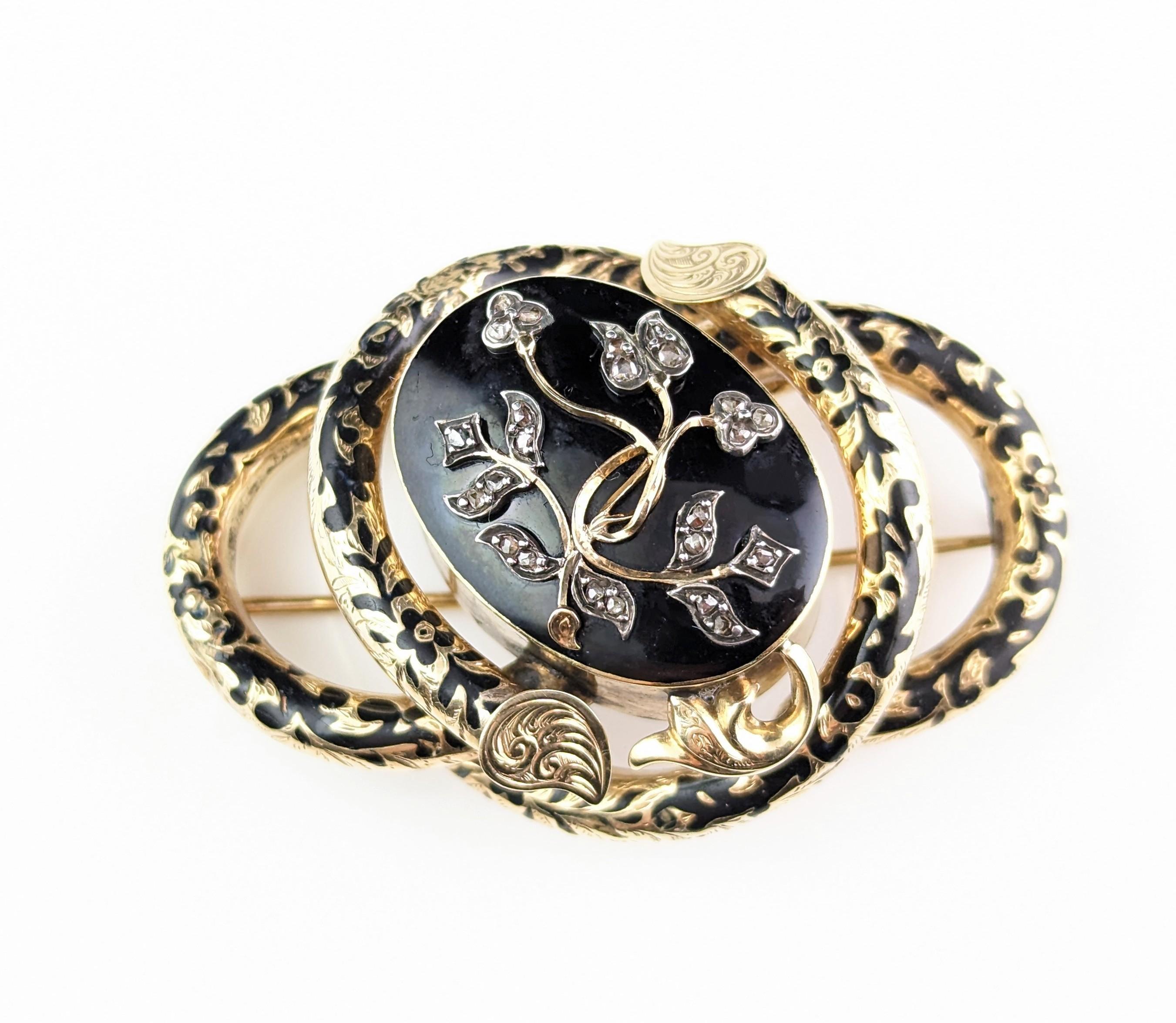 Antique Diamond Mourning Brooch, Pendant, Black Enamel and 15k Gold For Sale 9