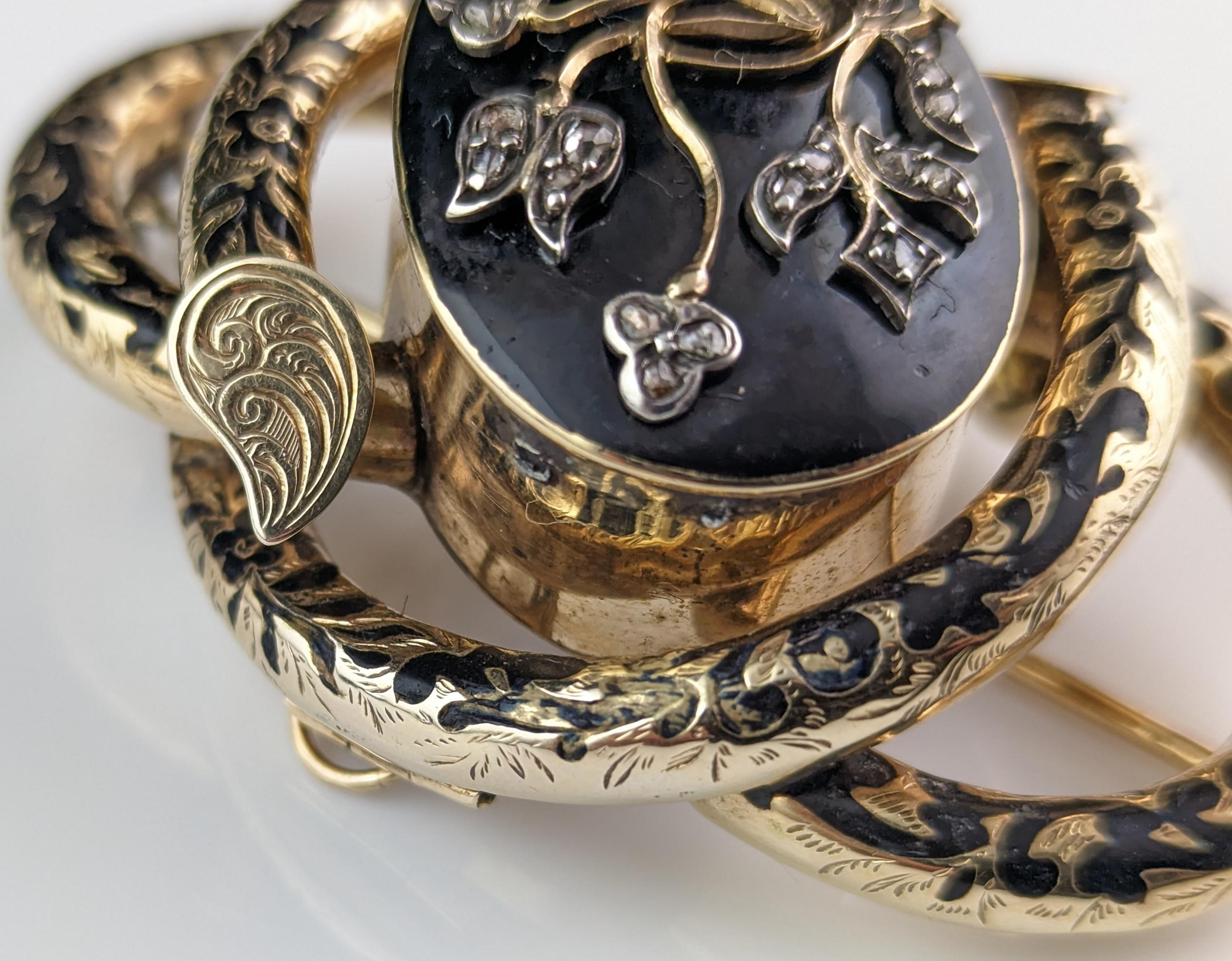 Antique Diamond Mourning Brooch, Pendant, Black Enamel and 15k Gold For Sale 10