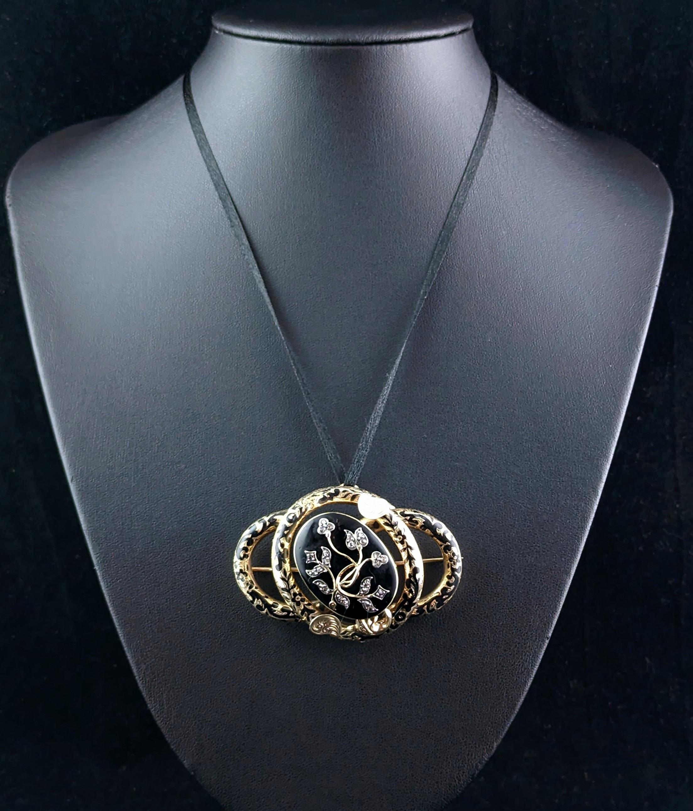 Victorian Antique Diamond Mourning Brooch, Pendant, Black Enamel and 15k Gold For Sale