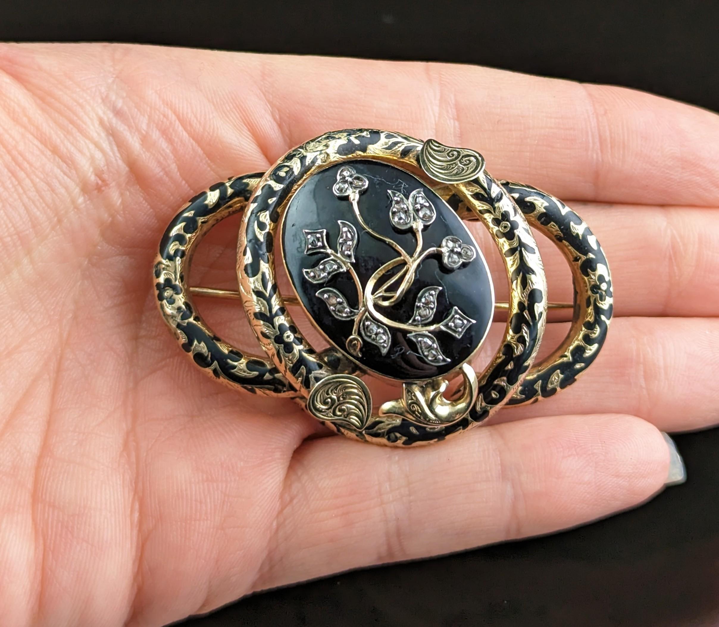 Rose Cut Antique Diamond Mourning Brooch, Pendant, Black Enamel and 15k Gold For Sale