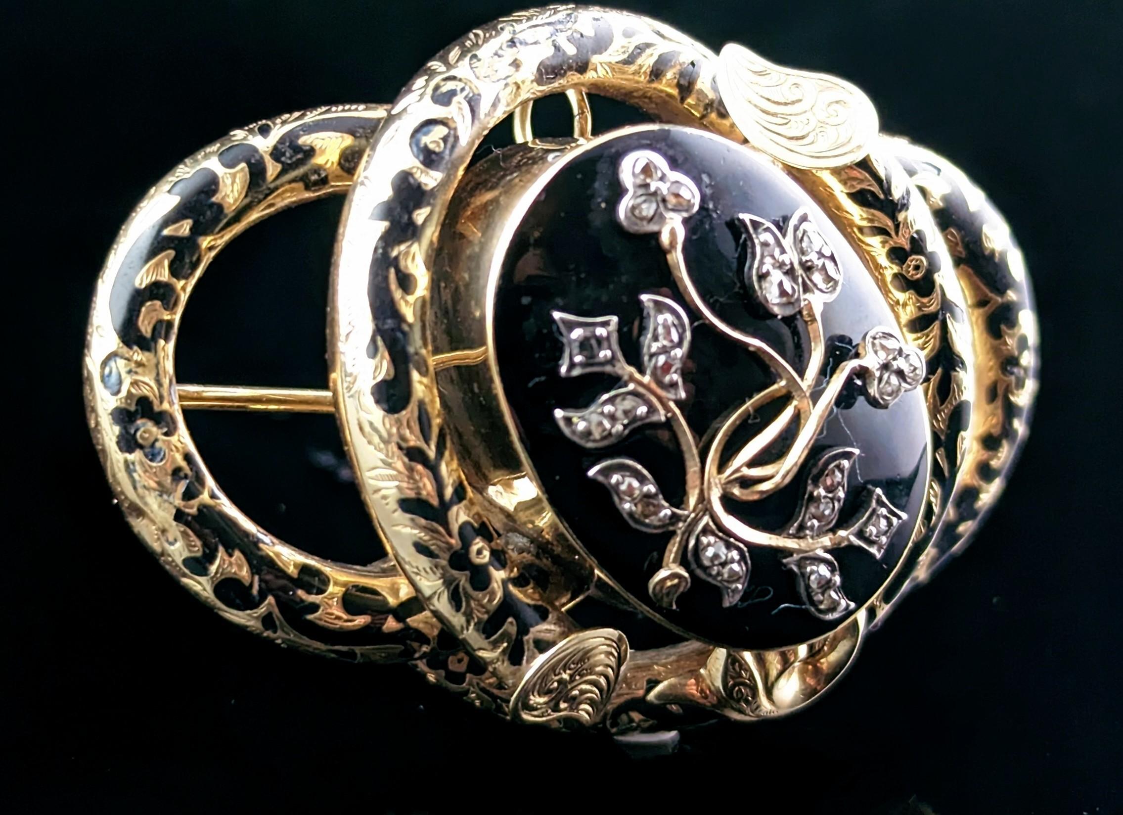 Antique Diamond Mourning Brooch, Pendant, Black Enamel and 15k Gold For Sale 1