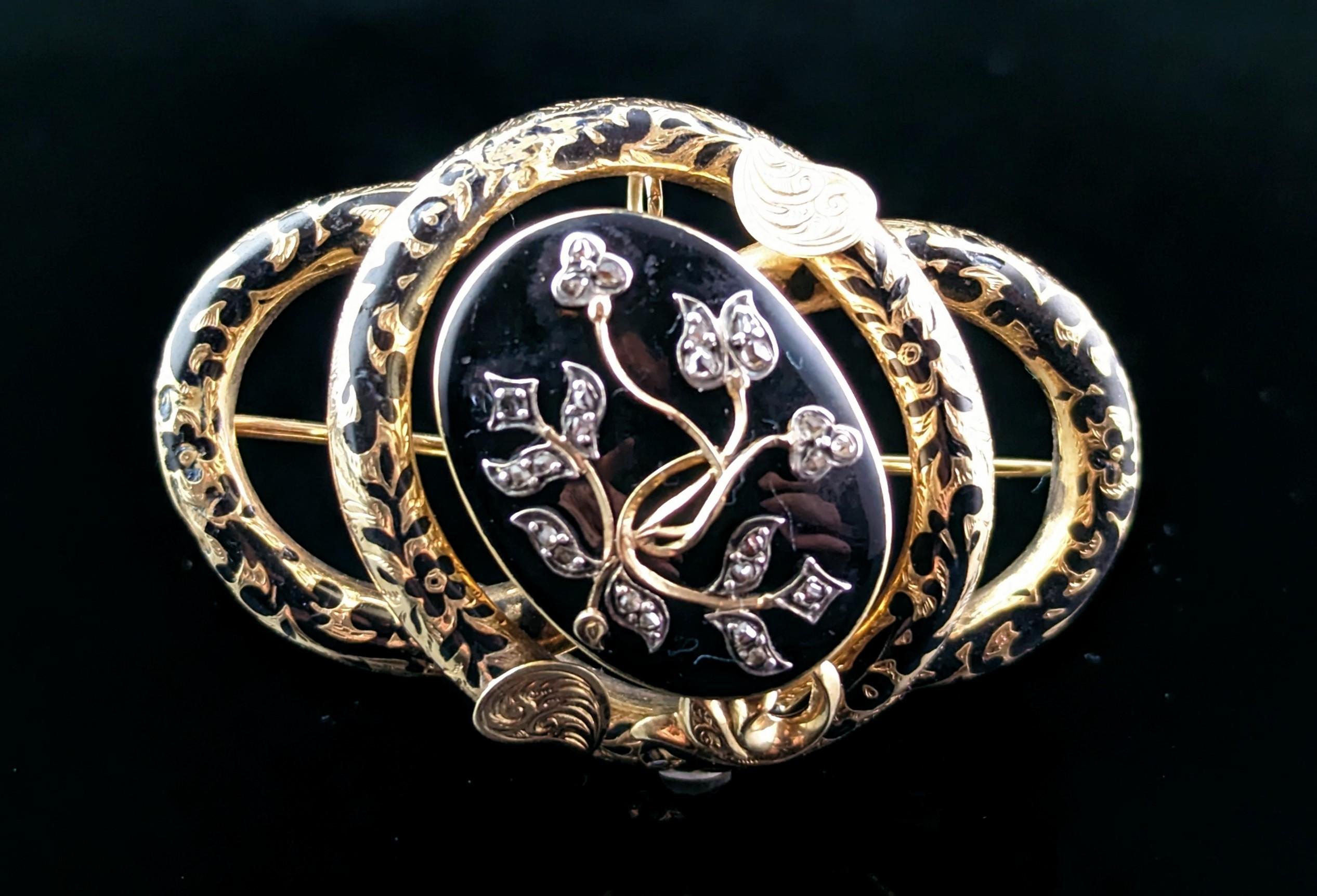 Antique Diamond Mourning Brooch, Pendant, Black Enamel and 15k Gold For Sale 2