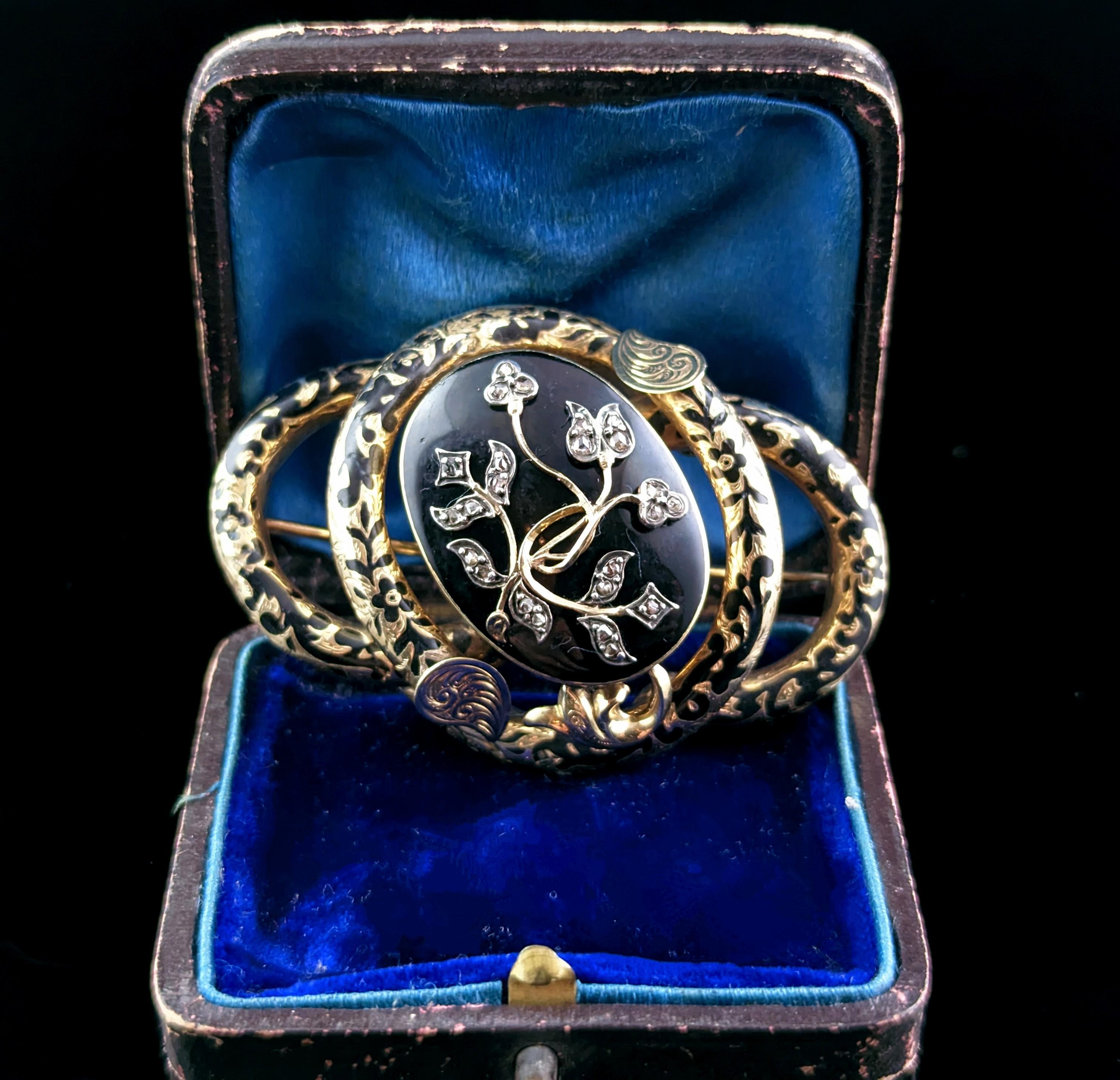 Antique Diamond Mourning Brooch, Pendant, Black Enamel and 15k Gold For Sale 3