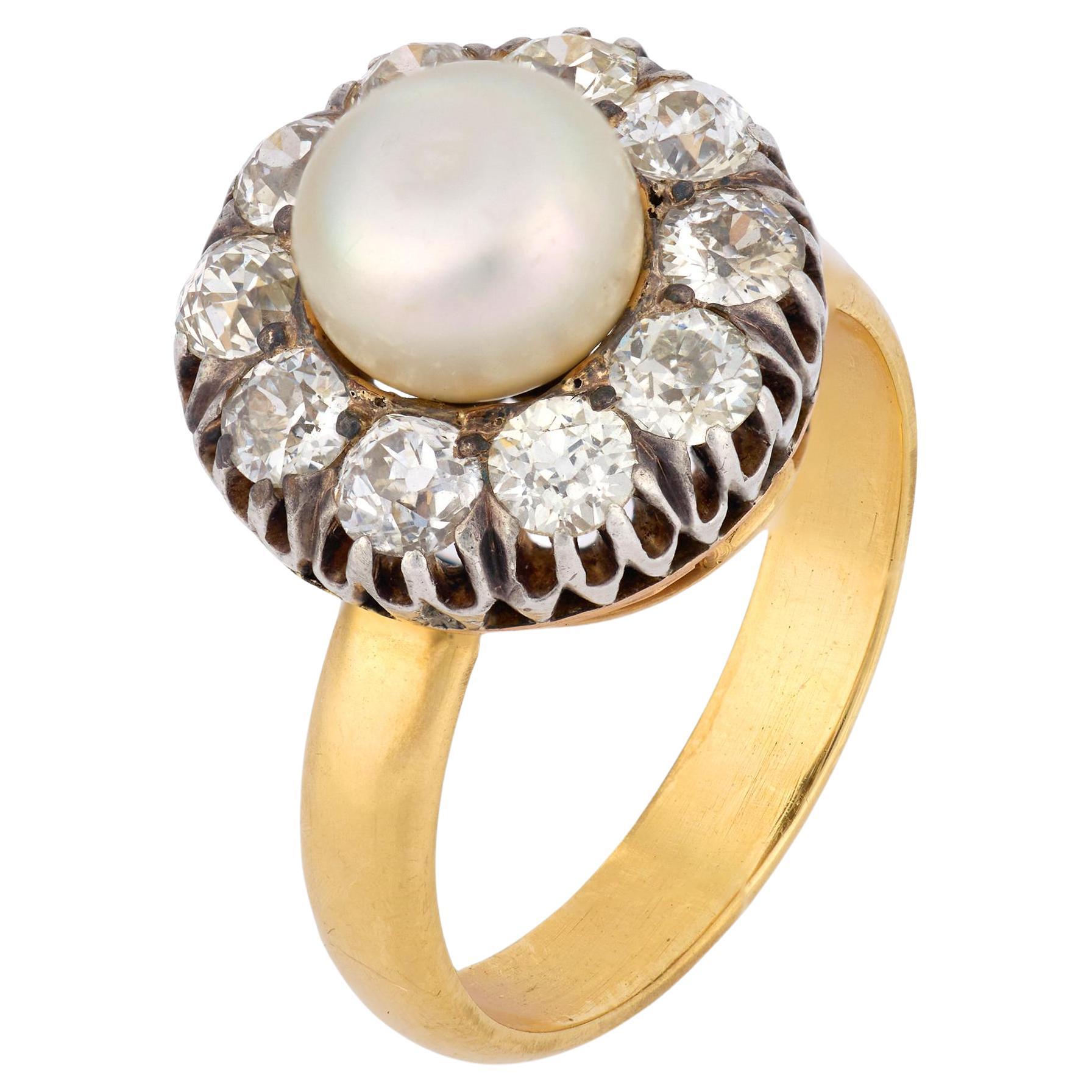 Antique diamond natural pearl 18k yellow gold silver cluster ring For Sale