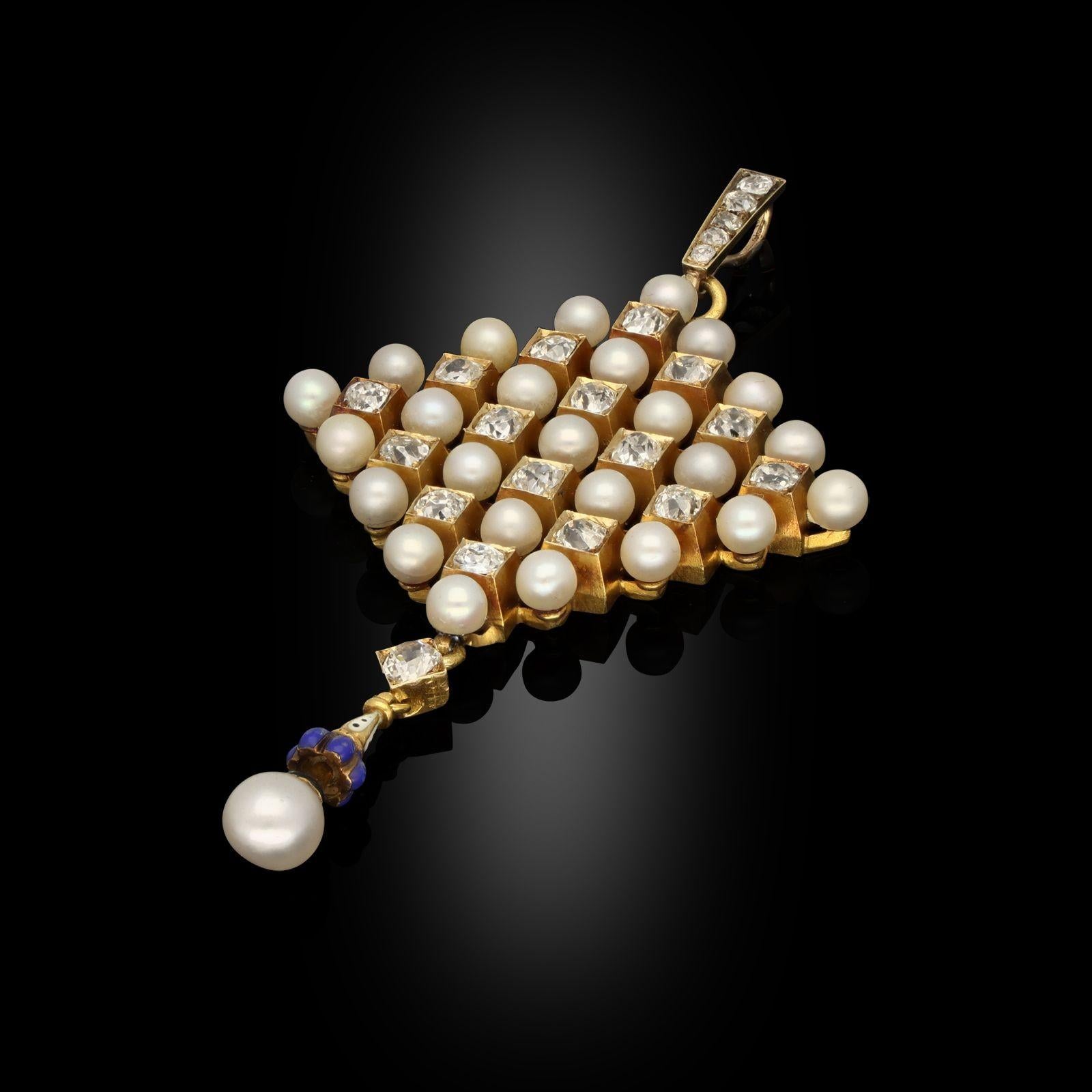 An antique natural pearl and diamond pendant attributed to Carlo Giuliano, circa 1880. The pendant is designed in a lozenge shape made up of alternating natural pearls and old mine cushion cut diamonds. Below is a drop of blue, cream and black