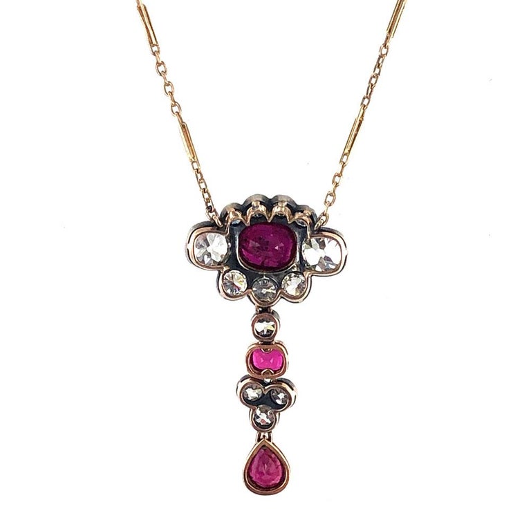 Antique Diamond Natural Ruby 18 Karat Two-Tone Pendant Necklace at 1stDibs