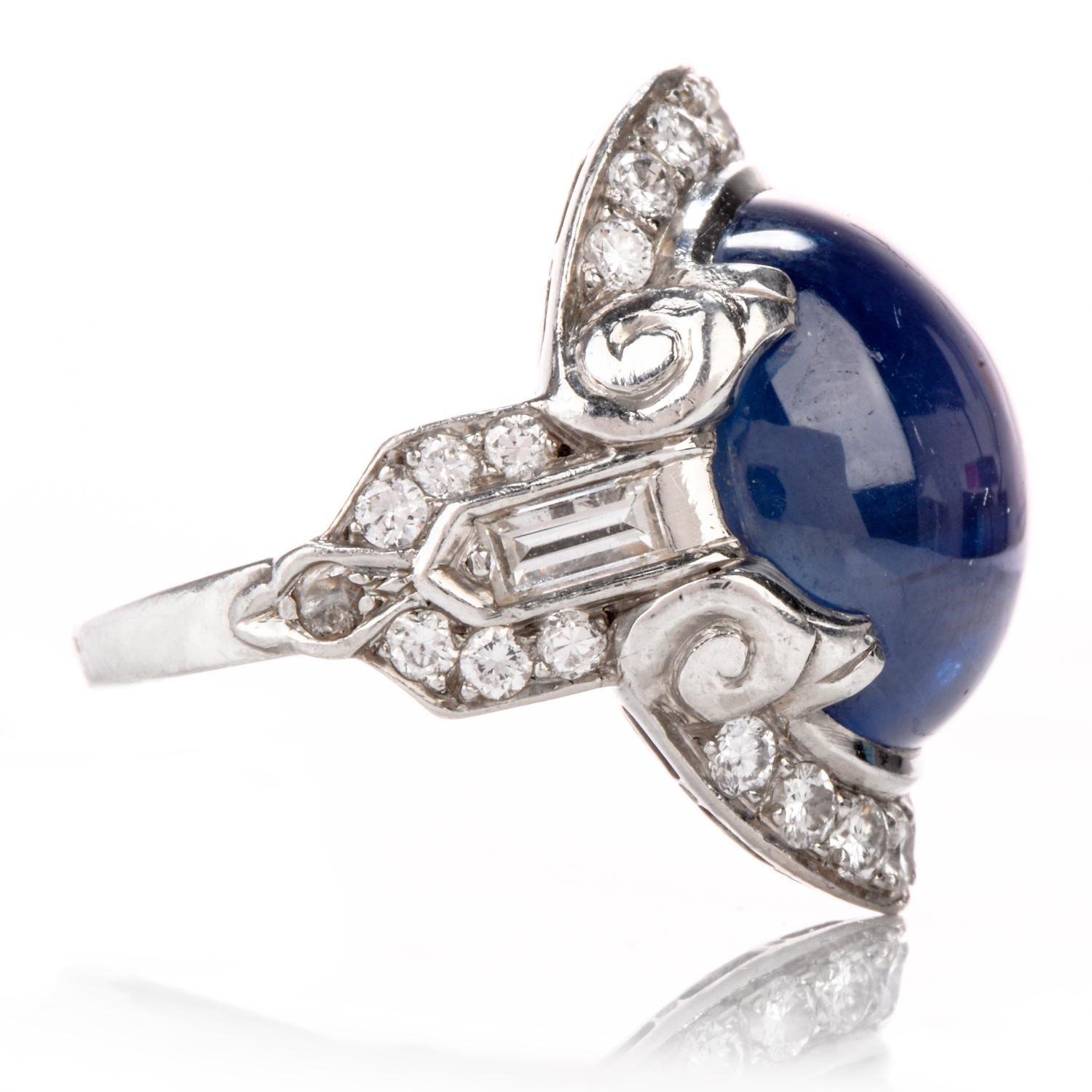 This pristine condition antique Diamond and Blue Star Burma Sapphire ring was inspired in  a Gothic design and crafted in Platinum.

Prominently showcased in the center is a cabochon Blue Star All Natural No-Heat Sapphire comes with GIA Lab report