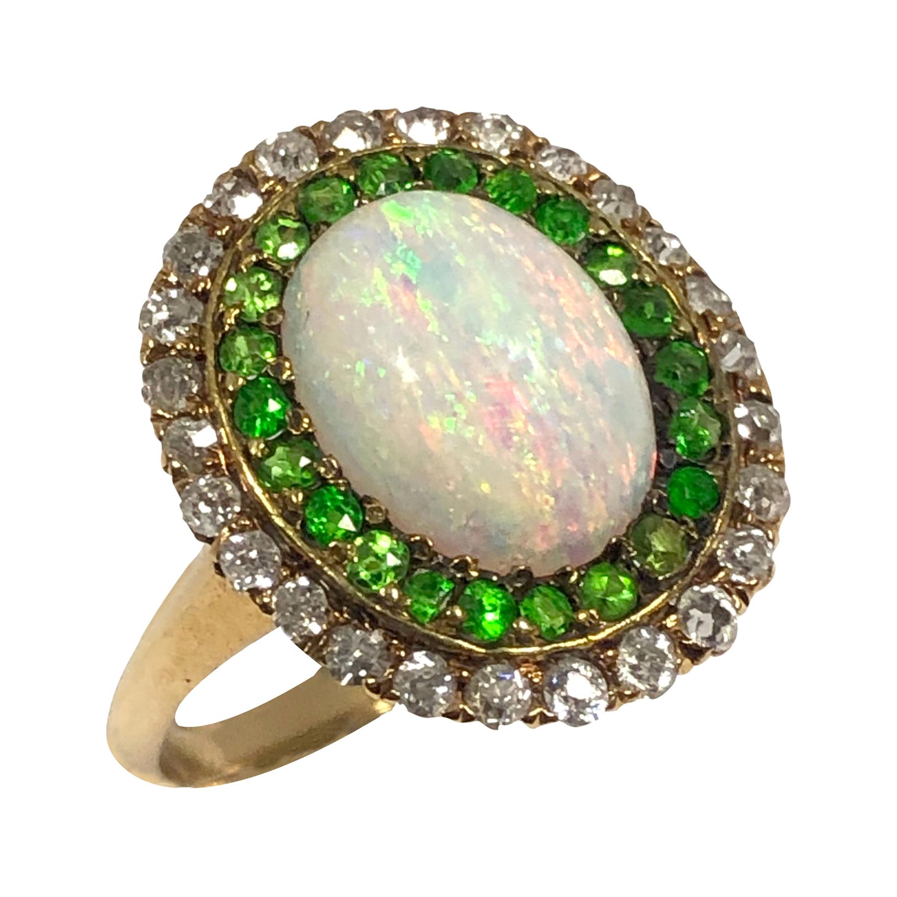Antique Diamond Opal and Russian Demantoid Garnet Ring