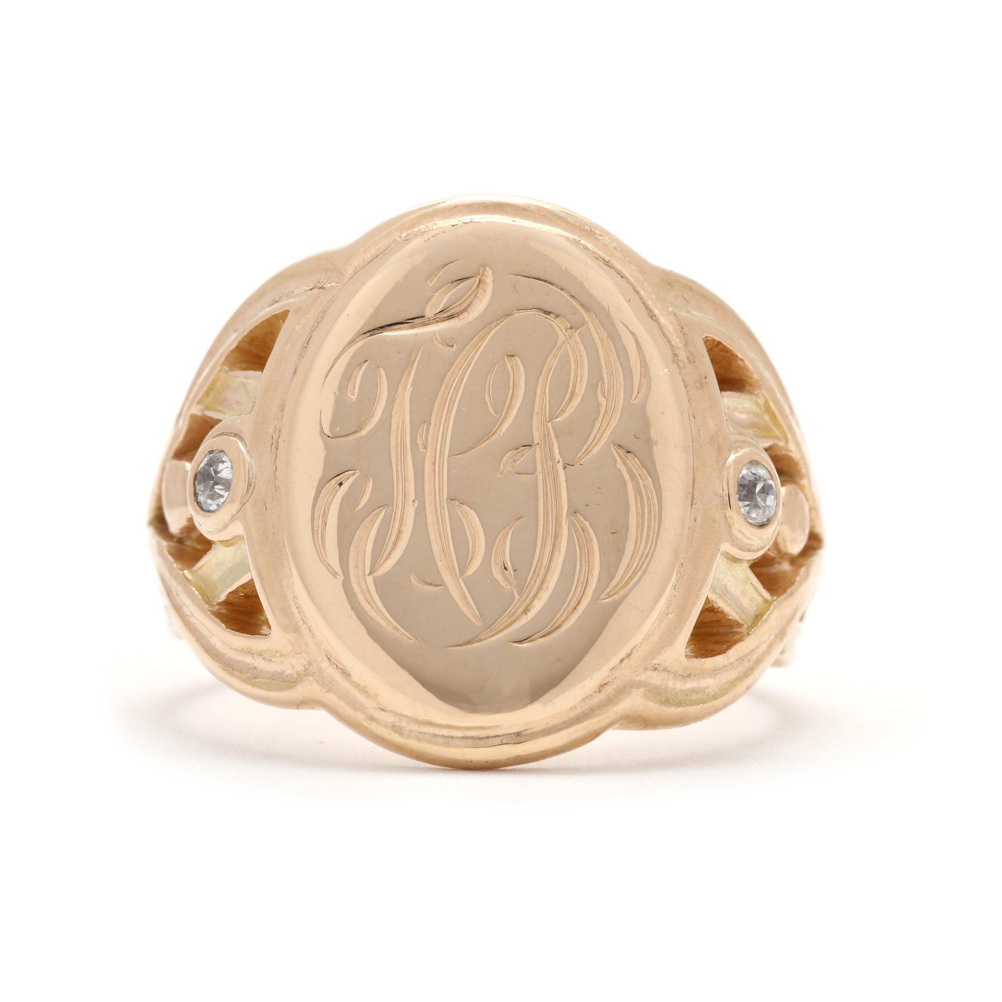 Antique Diamond Oval Signet Ring, 14k Yellow Gold, Ring Size 6.75