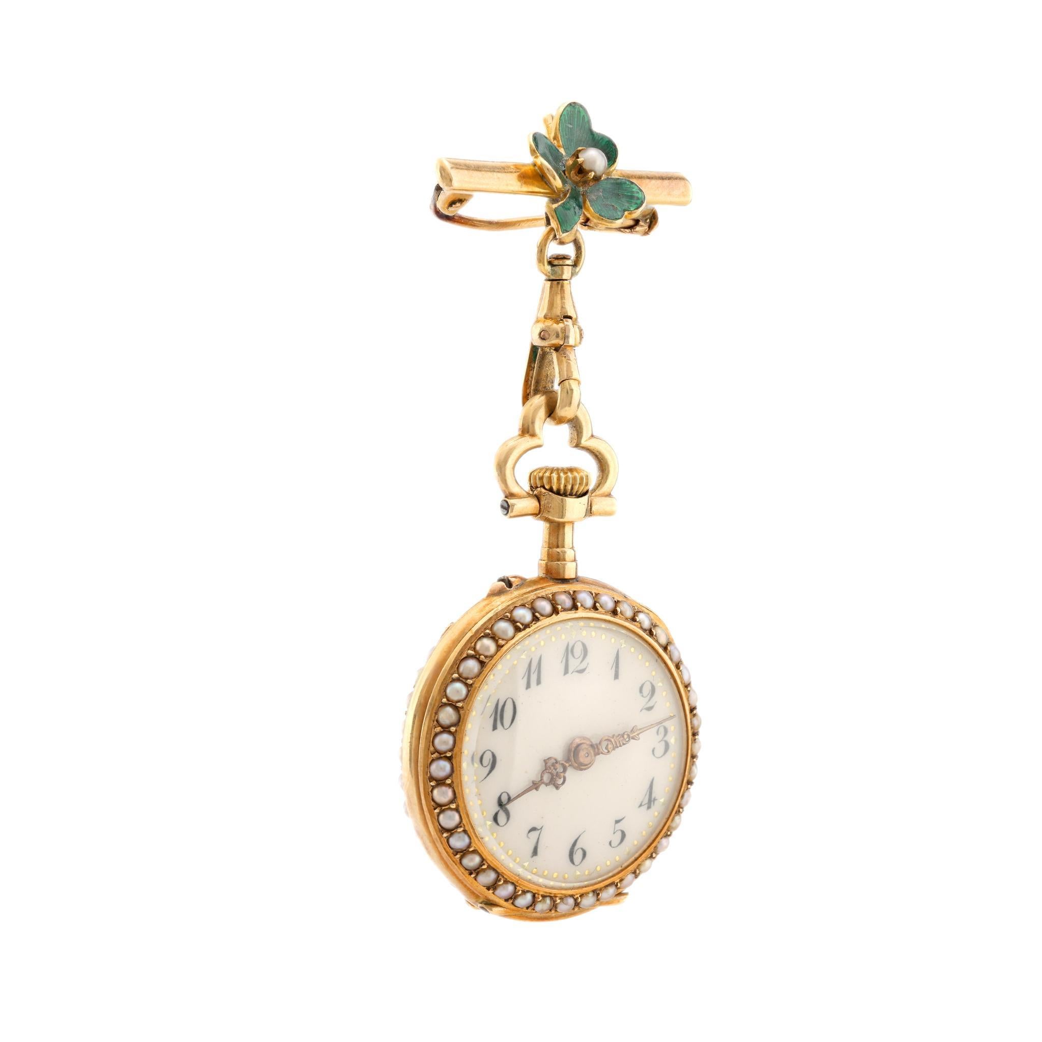 Victorian Antique diamond pearl 18k yellow gold enamel pendant brooch watch For Sale