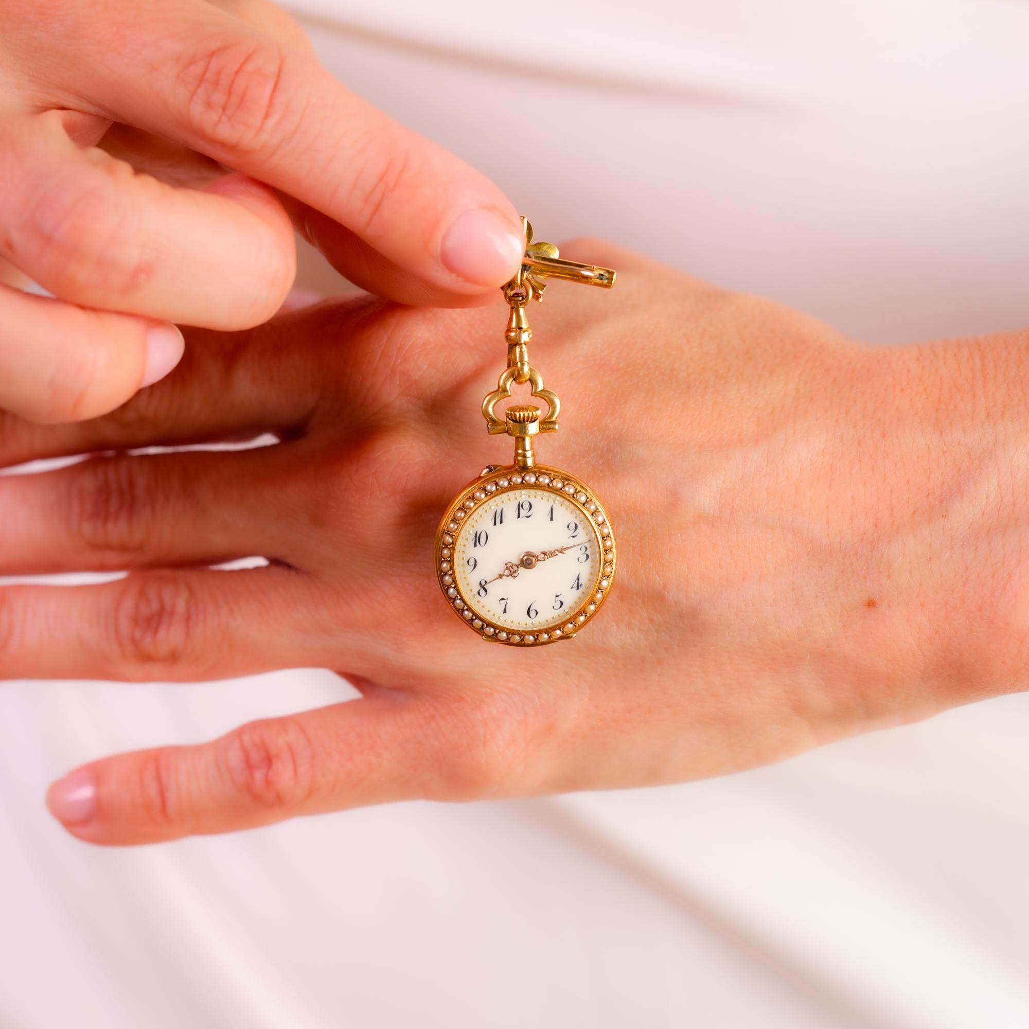 Old Mine Cut Antique diamond pearl 18k yellow gold enamel pendant brooch watch For Sale