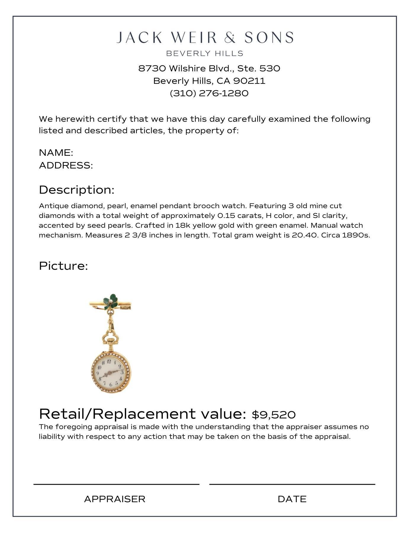 Antique diamond pearl 18k yellow gold enamel pendant brooch watch In Excellent Condition For Sale In Beverly Hills, CA