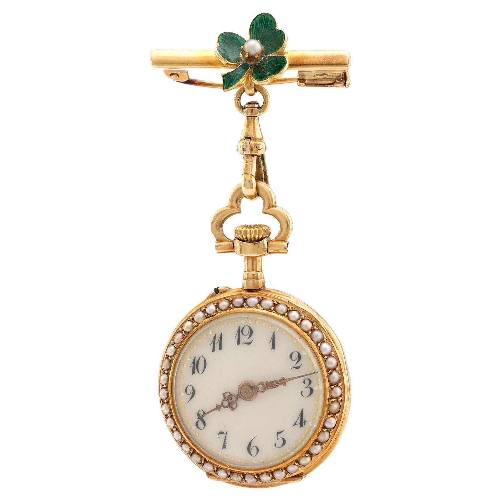Antique diamond pearl 18k yellow gold enamel pendant brooch watch