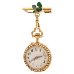 Antique diamond pearl 18k yellow gold enamel pendant brooch watch