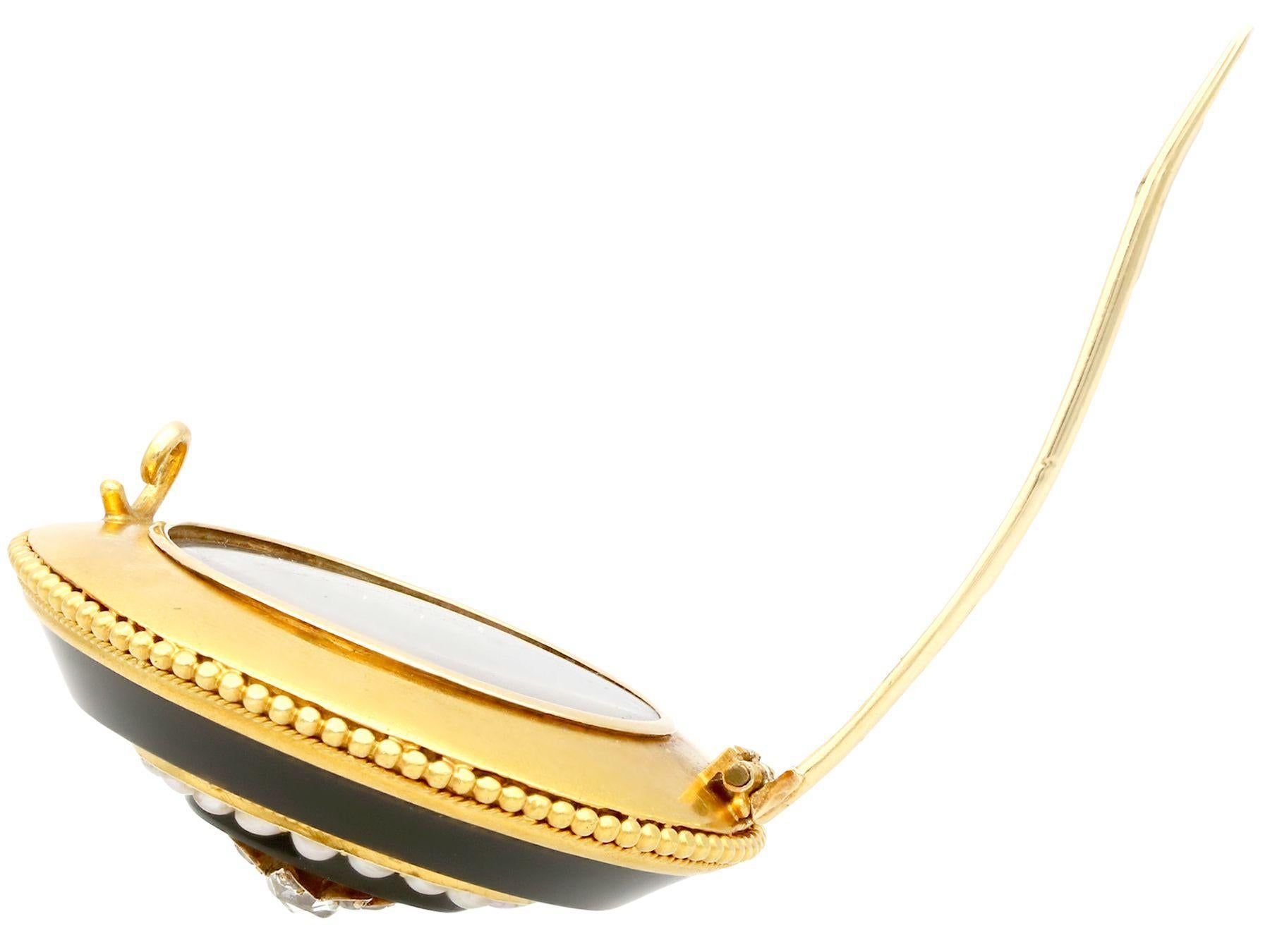Victorian Antique Diamond Pearl and Black Onyx Yellow Gold Brooch For Sale