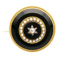 Antique Diamond Pearl and Black Onyx Yellow Gold Brooch