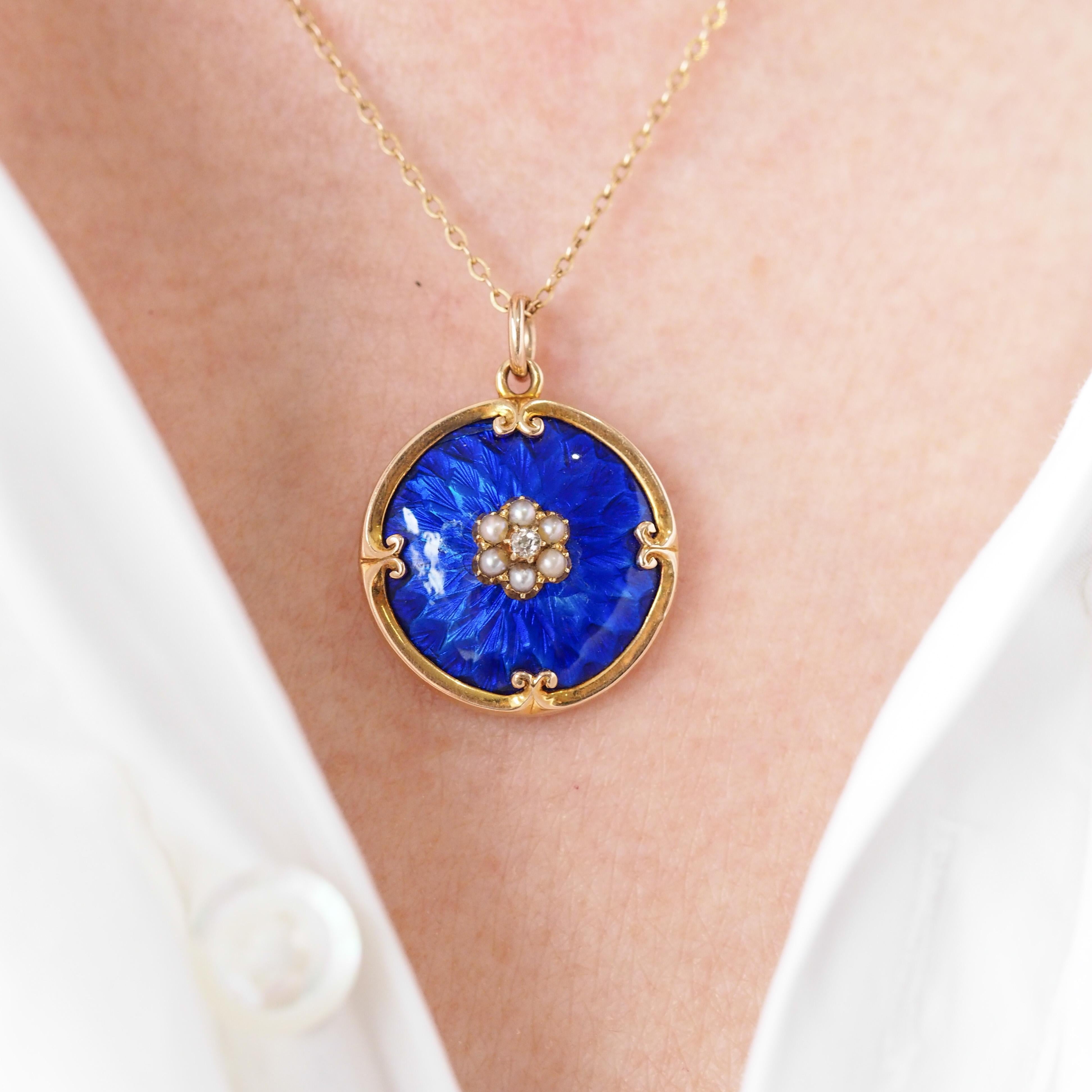 Antique Diamond, Pearl and Blue Enamel 9ct Gold Pendant Necklace - c.1900 4