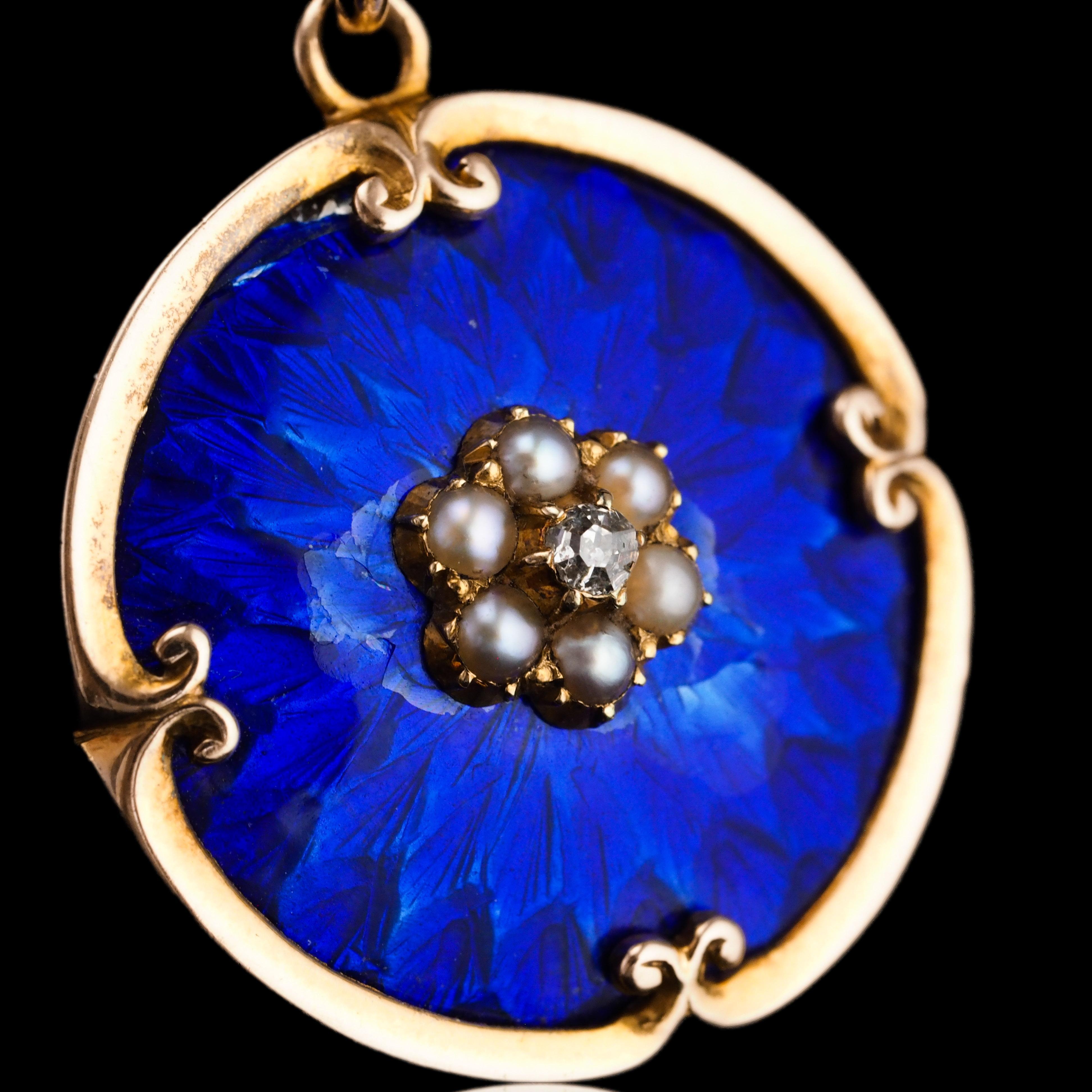 Antique Diamond, Pearl and Blue Enamel 9ct Gold Pendant Necklace - c.1900 5
