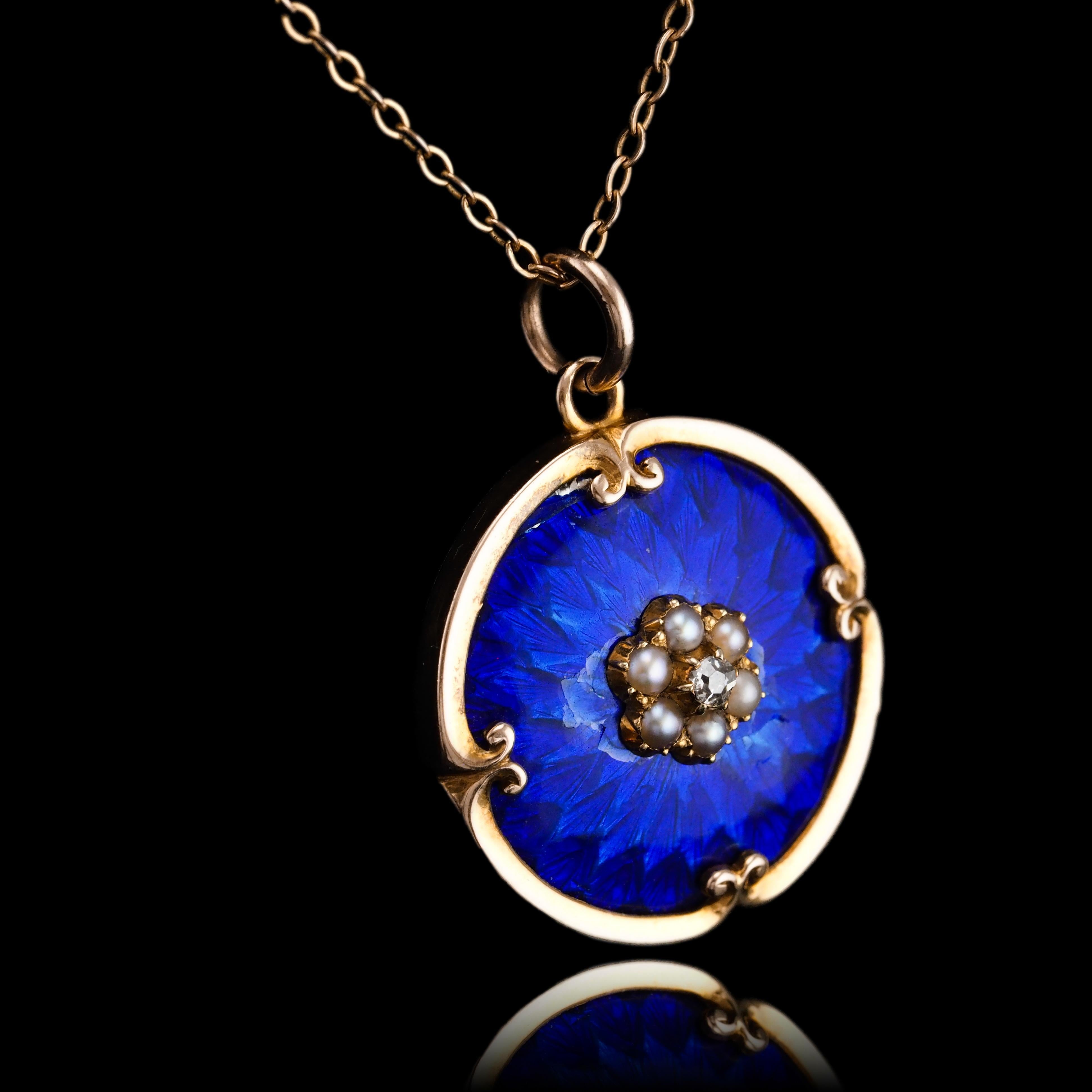 Antique Diamond, Pearl and Blue Enamel 9ct Gold Pendant Necklace - c.1900 6