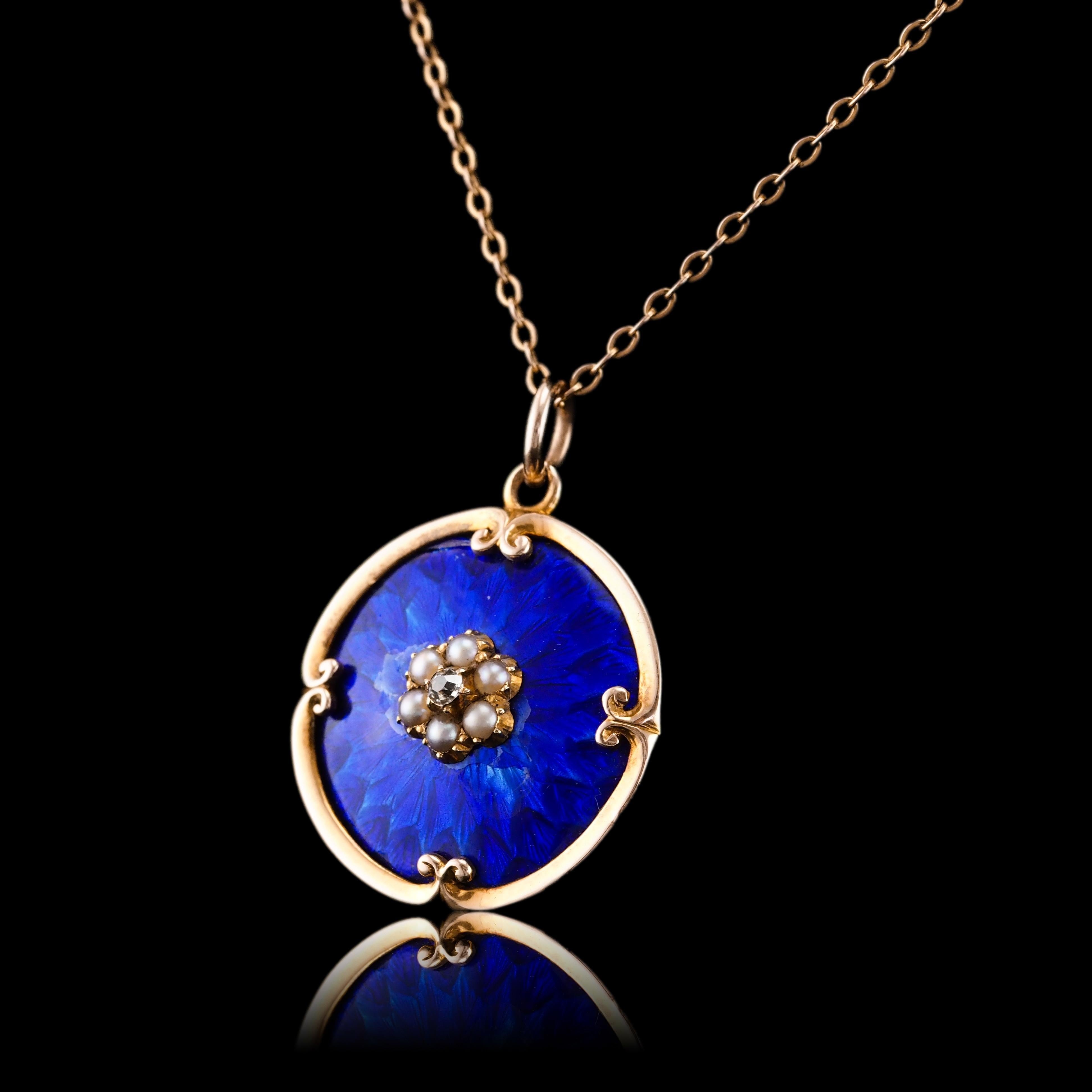 Late Victorian Antique Diamond, Pearl and Blue Enamel 9ct Gold Pendant Necklace - c.1900