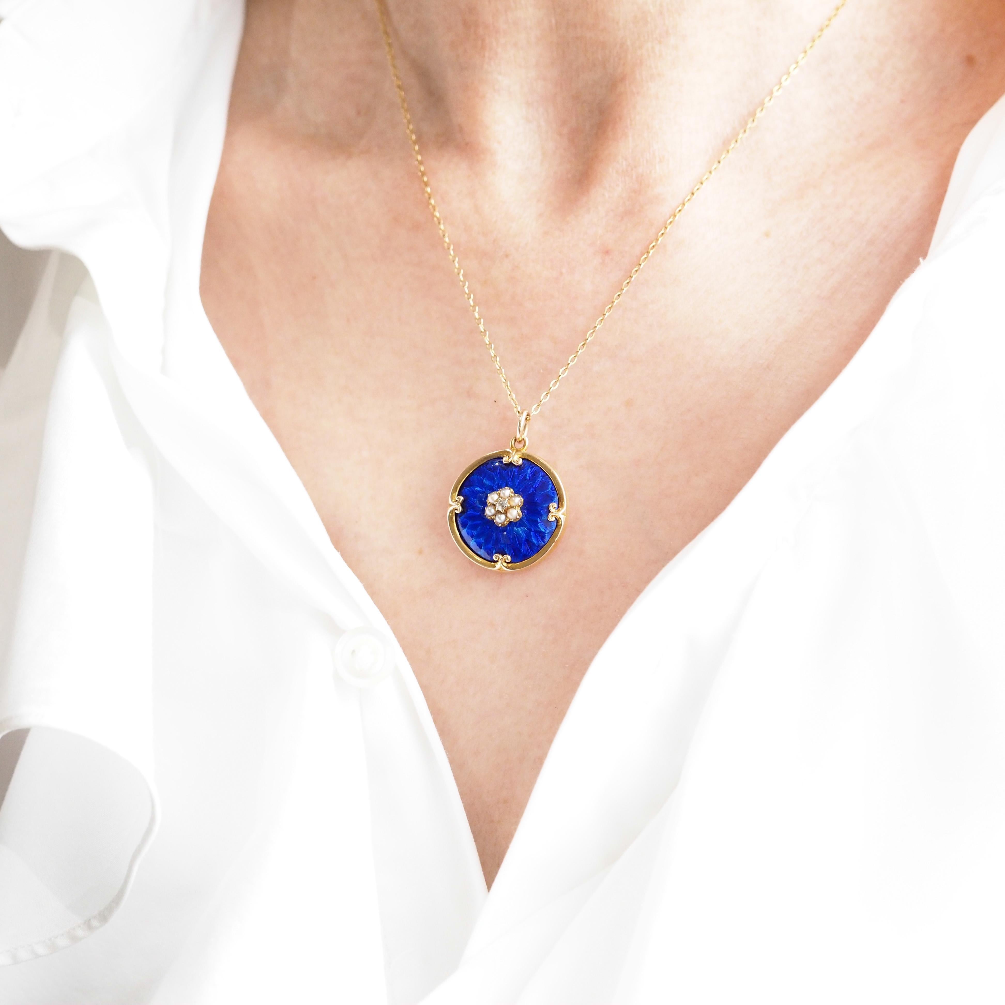 Old European Cut Antique Diamond, Pearl and Blue Enamel 9ct Gold Pendant Necklace - c.1900