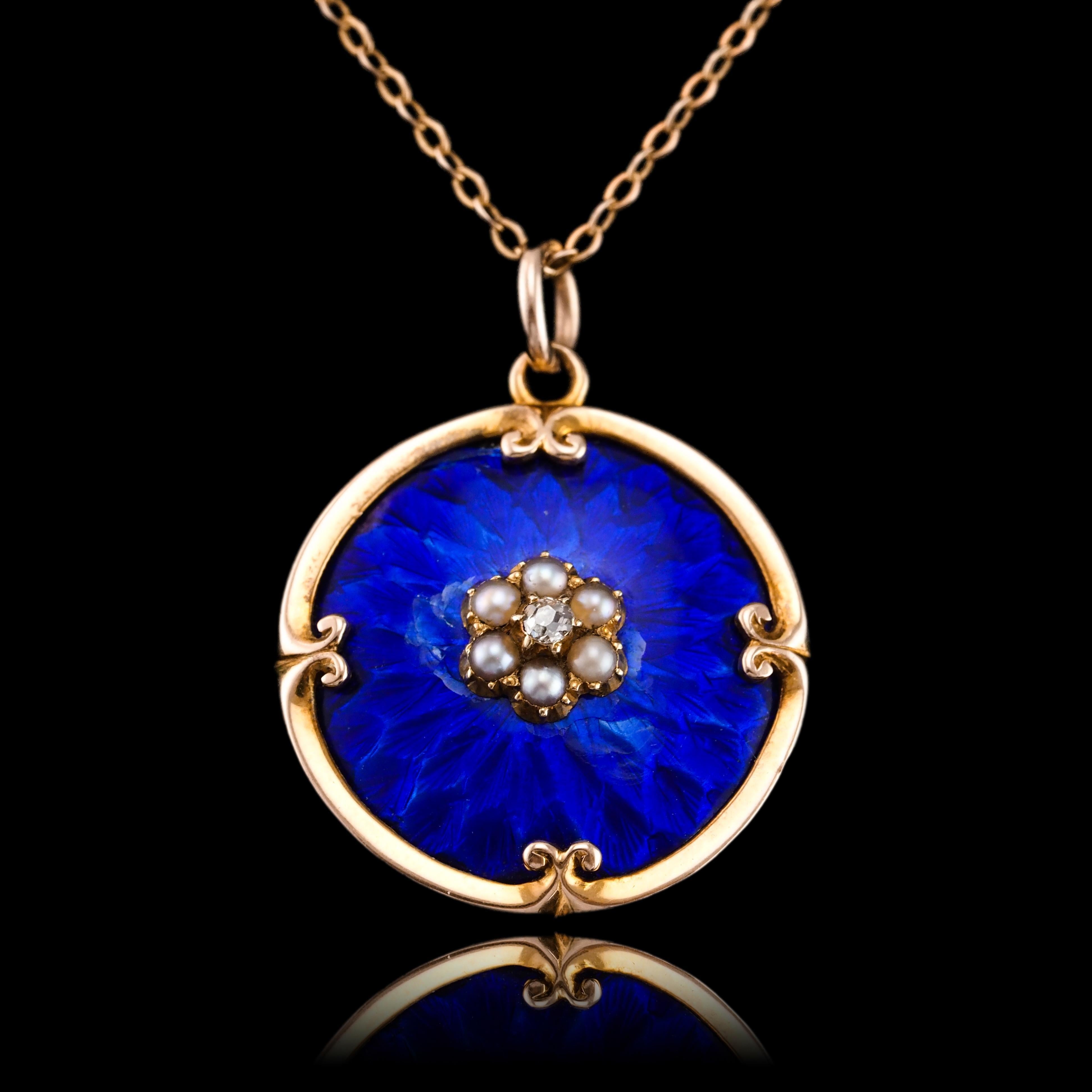 Antique Diamond, Pearl and Blue Enamel 9ct Gold Pendant Necklace - c.1900 In Good Condition In London, GB