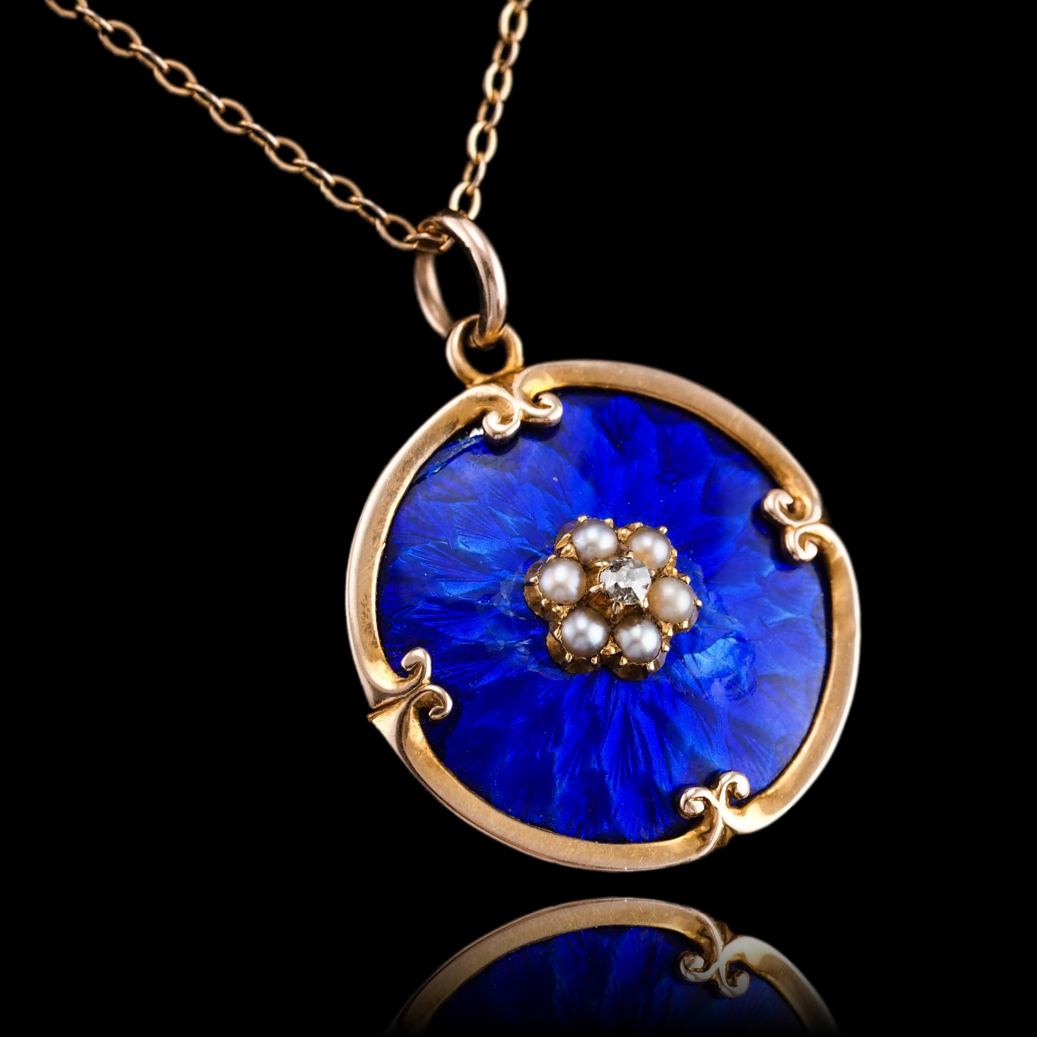 Women's Antique Diamond, Pearl and Blue Enamel 9ct Gold Pendant Necklace - c.1900