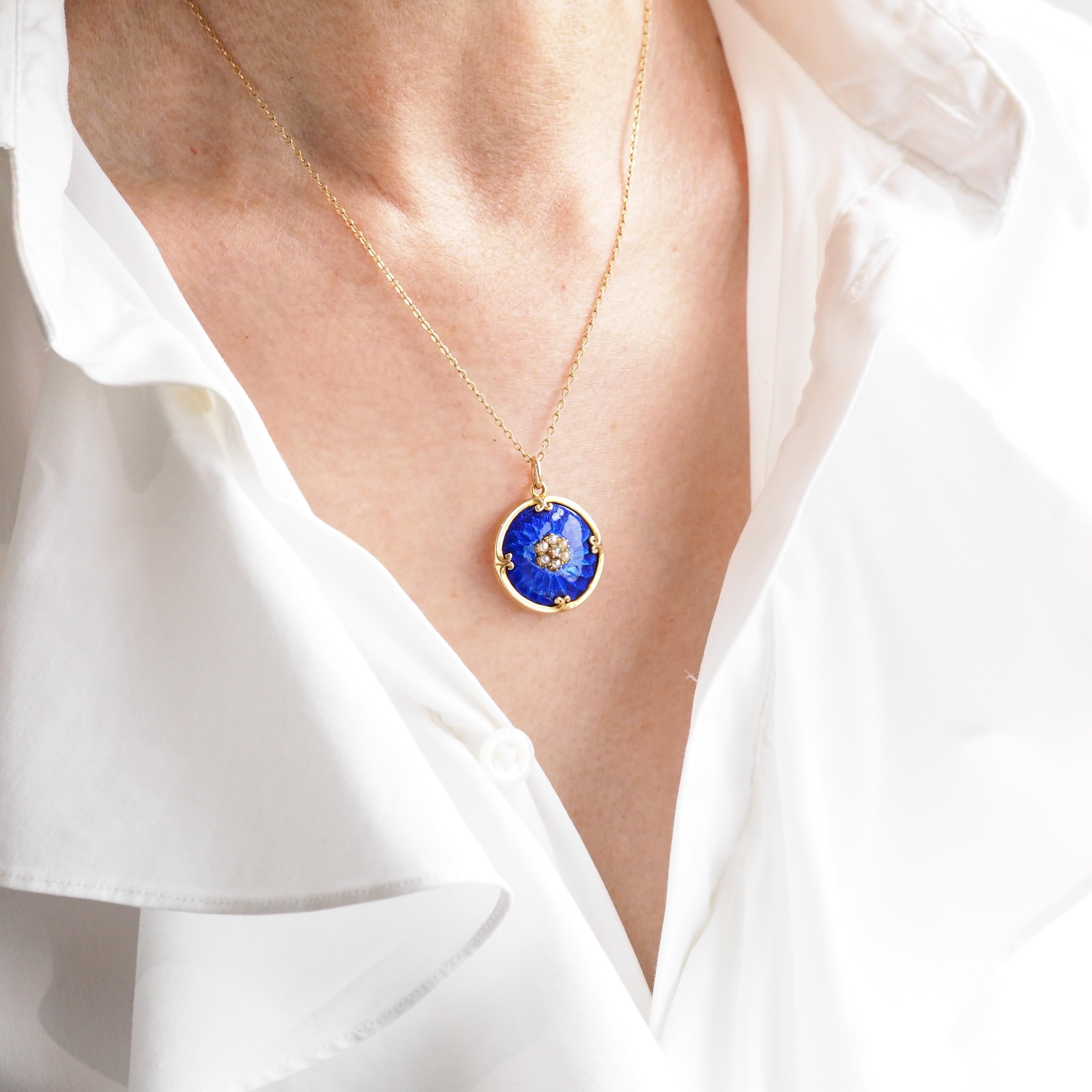 Antique Diamond, Pearl and Blue Enamel 9ct Gold Pendant Necklace - c.1900 2