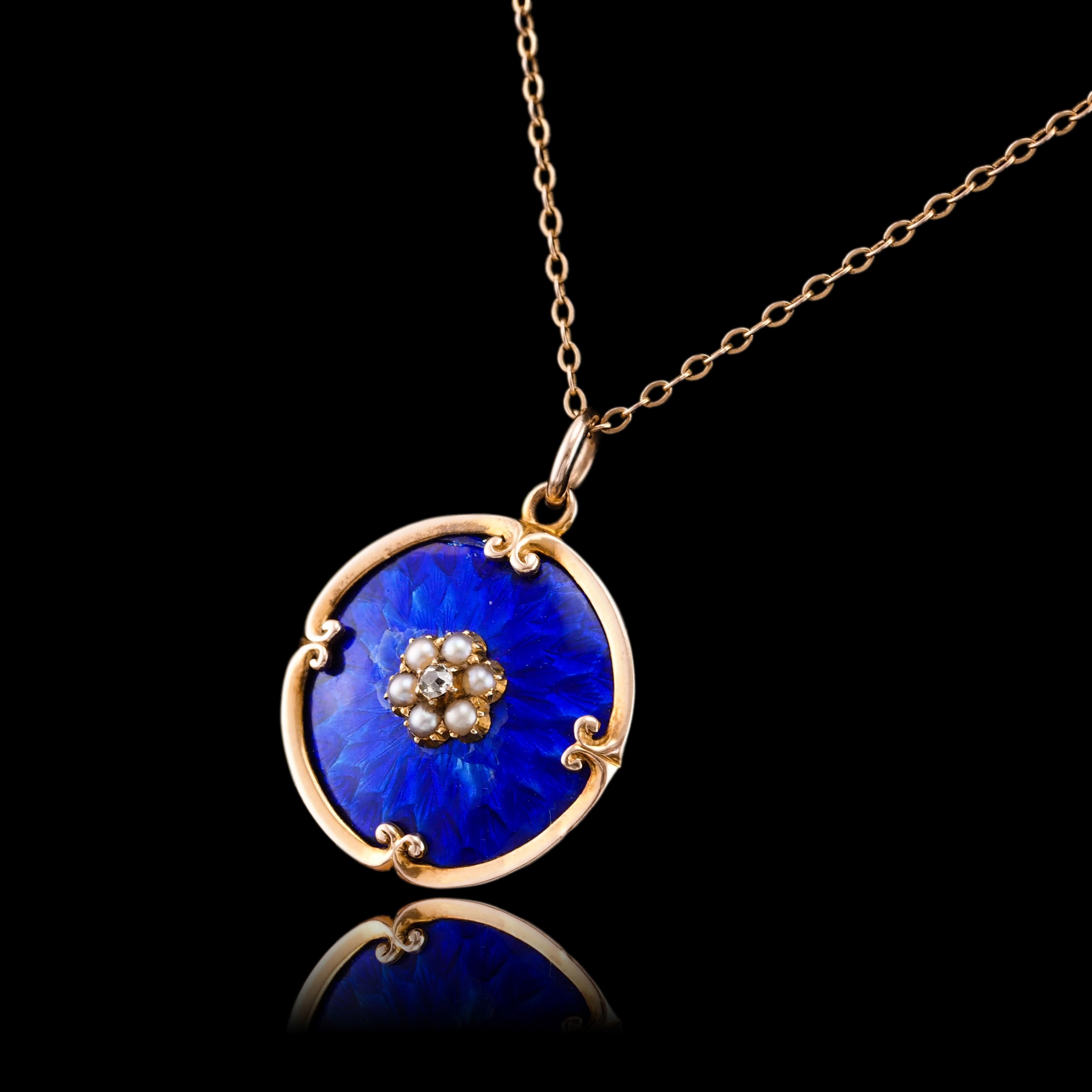 Antique Diamond, Pearl and Blue Enamel 9ct Gold Pendant Necklace - c.1900 3