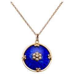 Antique Diamond, Pearl and Blue Enamel 9ct Gold Pendant Necklace - c.1900