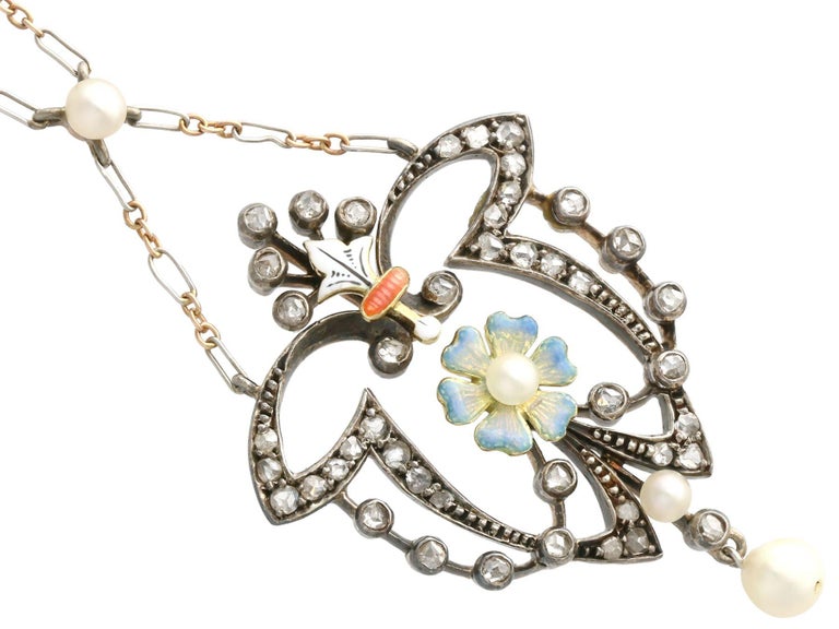 Antique Diamond Pearl and Enamel Yellow Gold and Silver Pendant For ...