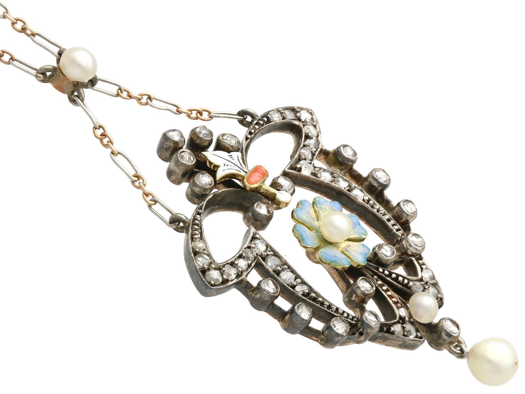 Round Cut Antique Diamond Pearl and Enamel Yellow Gold and Silver Pendant For Sale