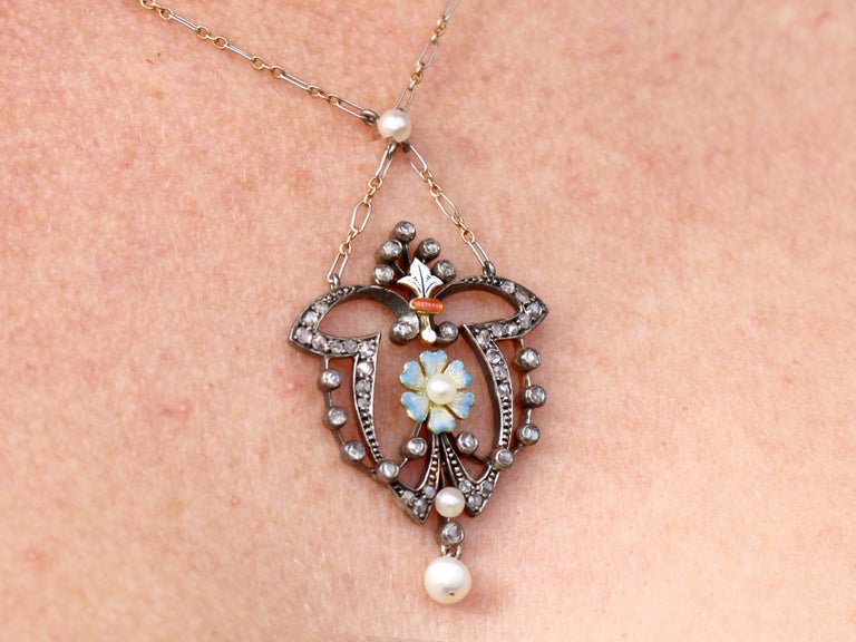 Antique Diamond Pearl and Enamel Yellow Gold and Silver Pendant For ...