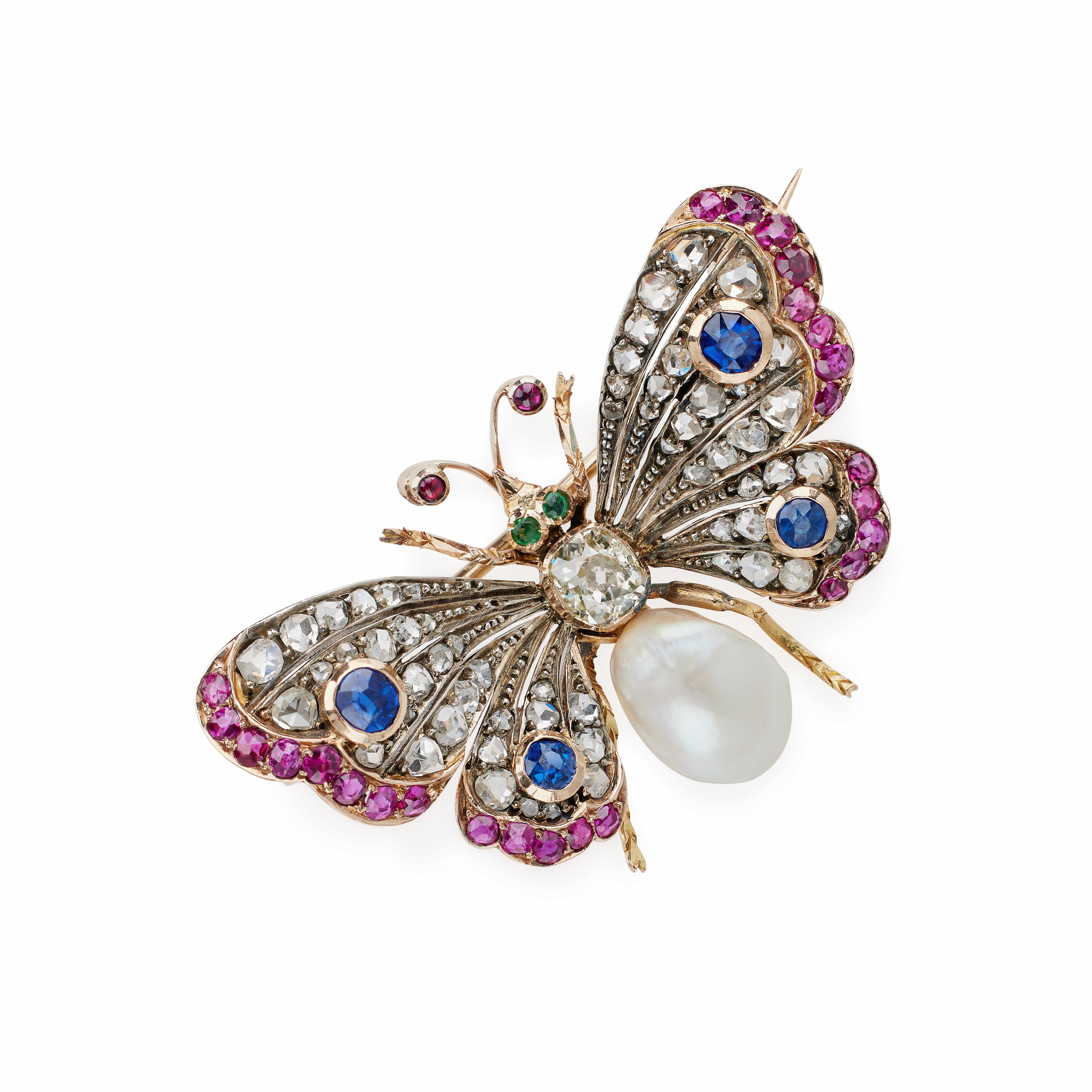 Victorian Antique Diamond, Pearl and Gem-set Butterfly Brooch For Sale