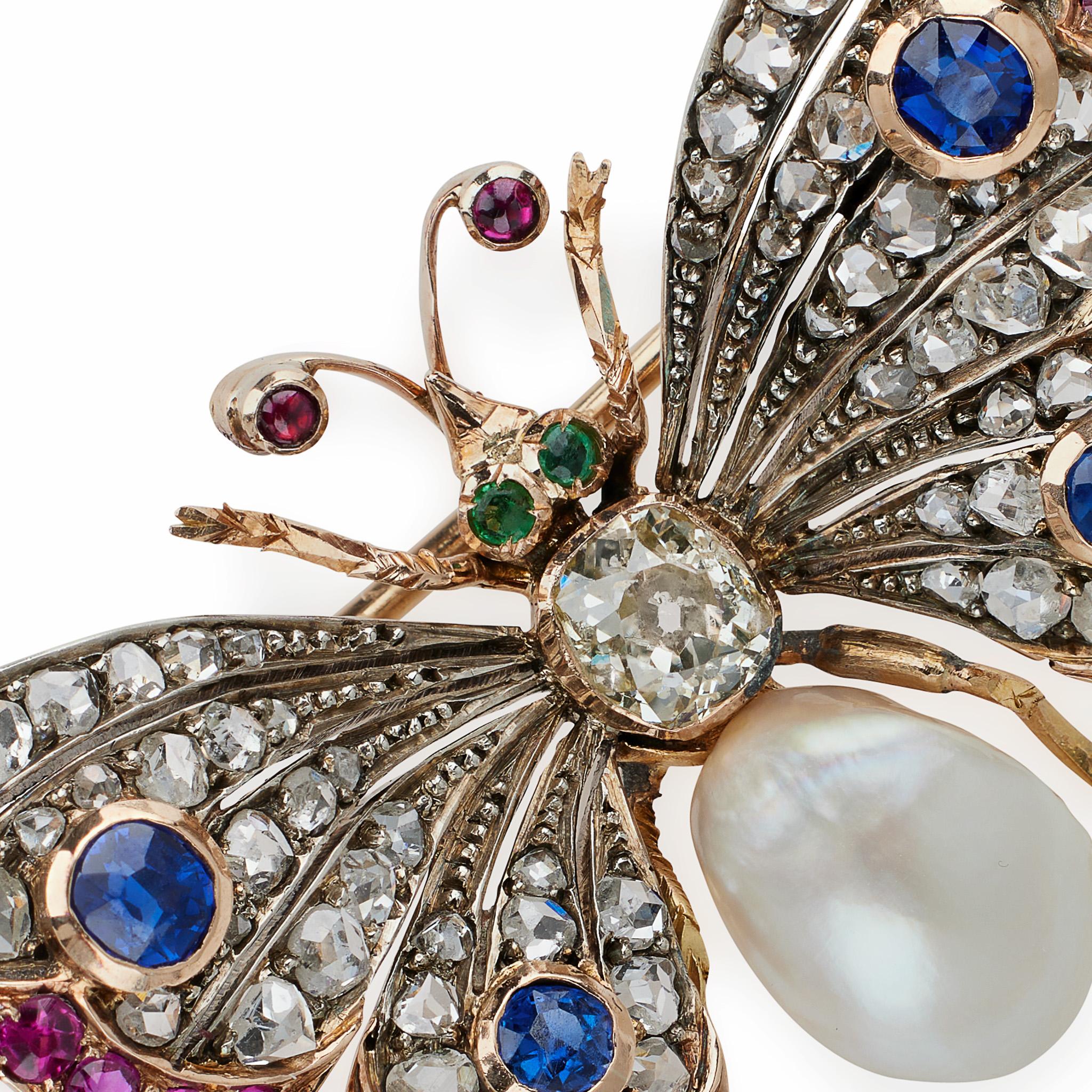 Old Mine Cut Antique Diamond, Pearl and Gem-set Butterfly Brooch For Sale