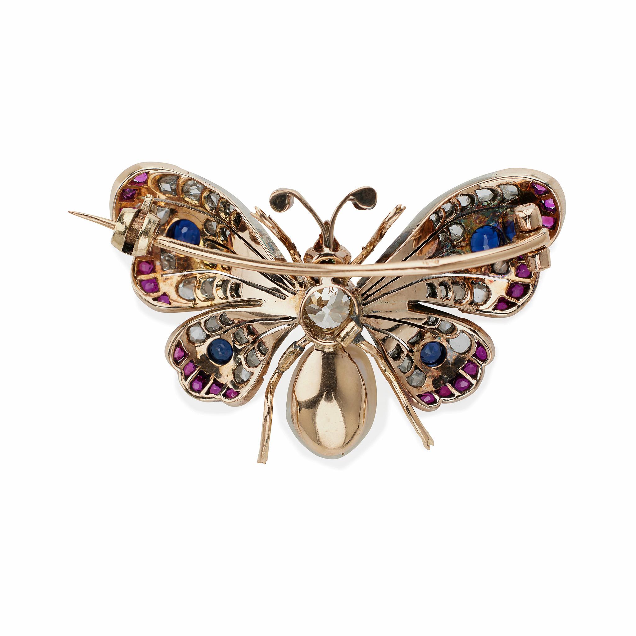 Antique Diamond, Pearl and Gem-set Butterfly Brooch In Excellent Condition For Sale In New York, NY